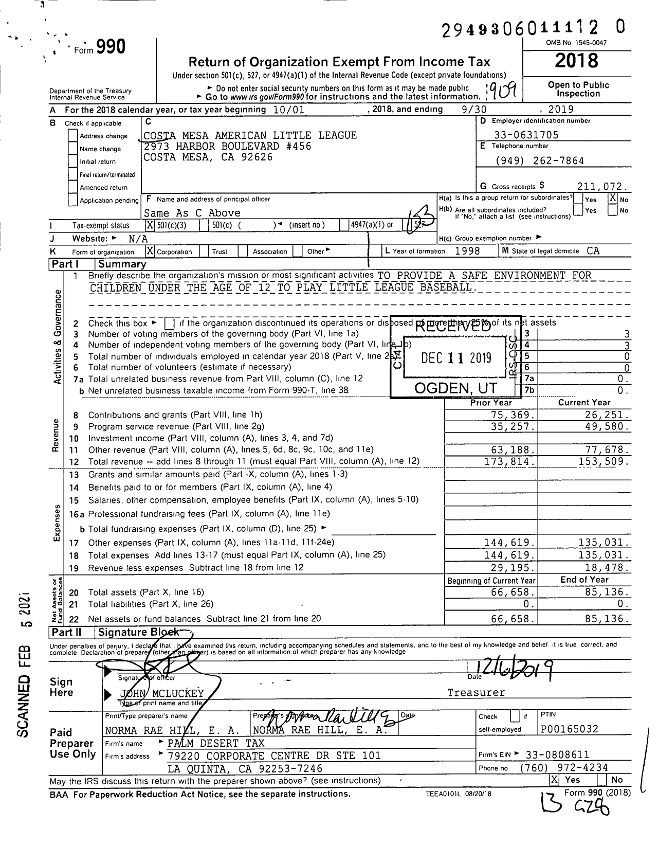 Image of first page of 2018 Form 990 for Little League Baseball - 4056202 Costa Mesa American LL