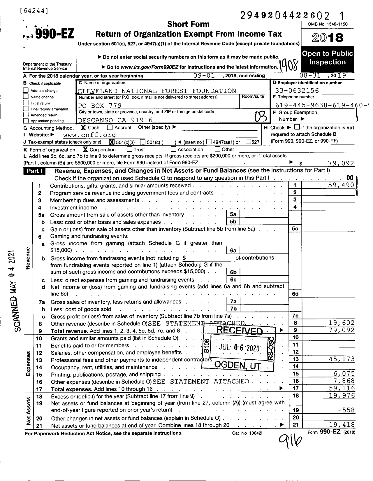 Image of first page of 2018 Form 990EZ for Cleveland National Forest Foundation