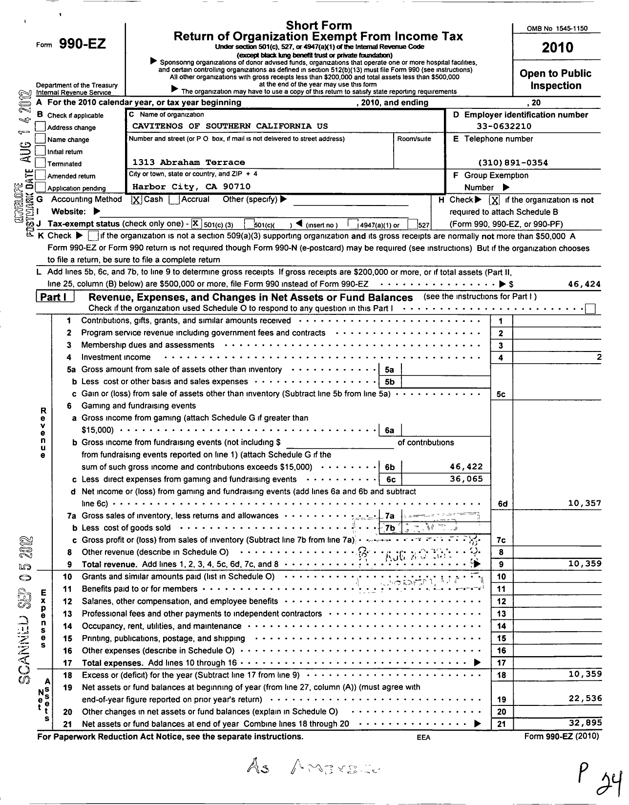 Image of first page of 2010 Form 990EZ for Cavitenos of Southern California U S A