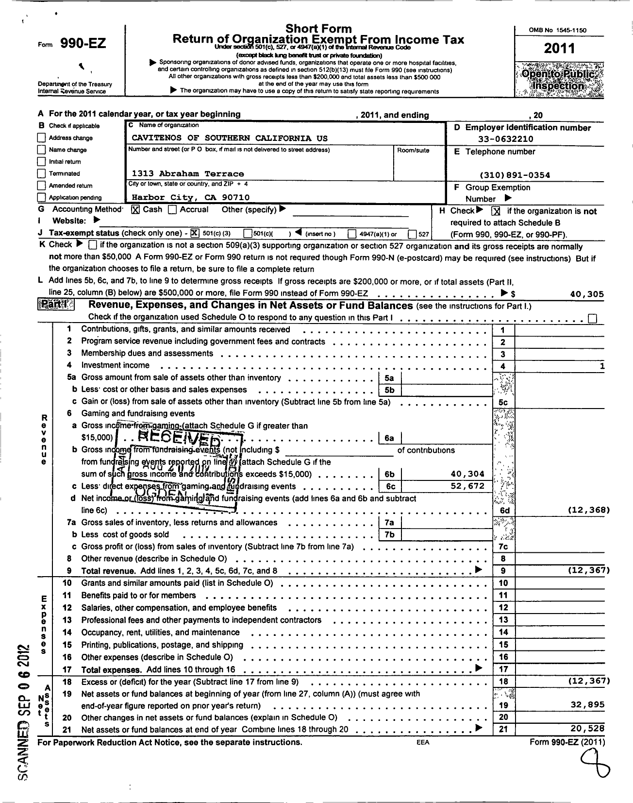 Image of first page of 2011 Form 990EZ for Cavitenos of Southern California U S A