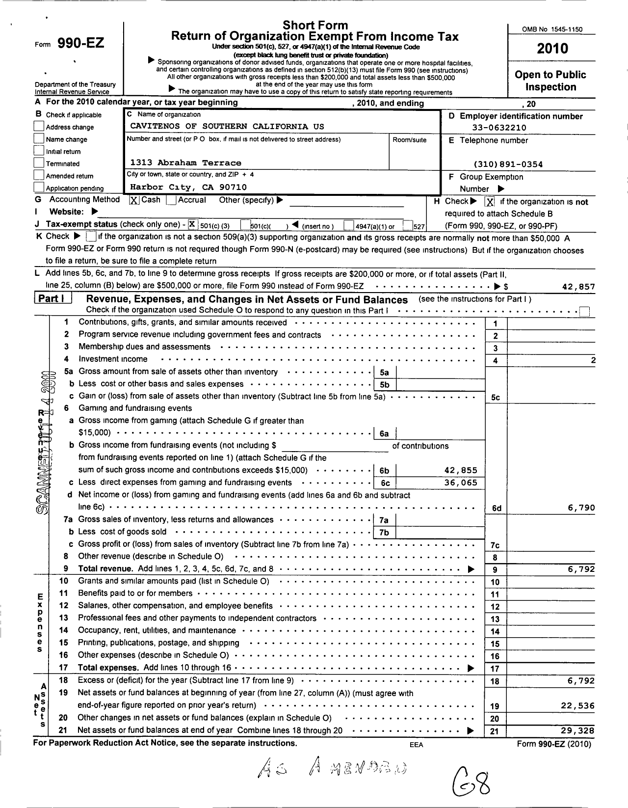 Image of first page of 2010 Form 990EZ for Cavitenos of Southern California U S A