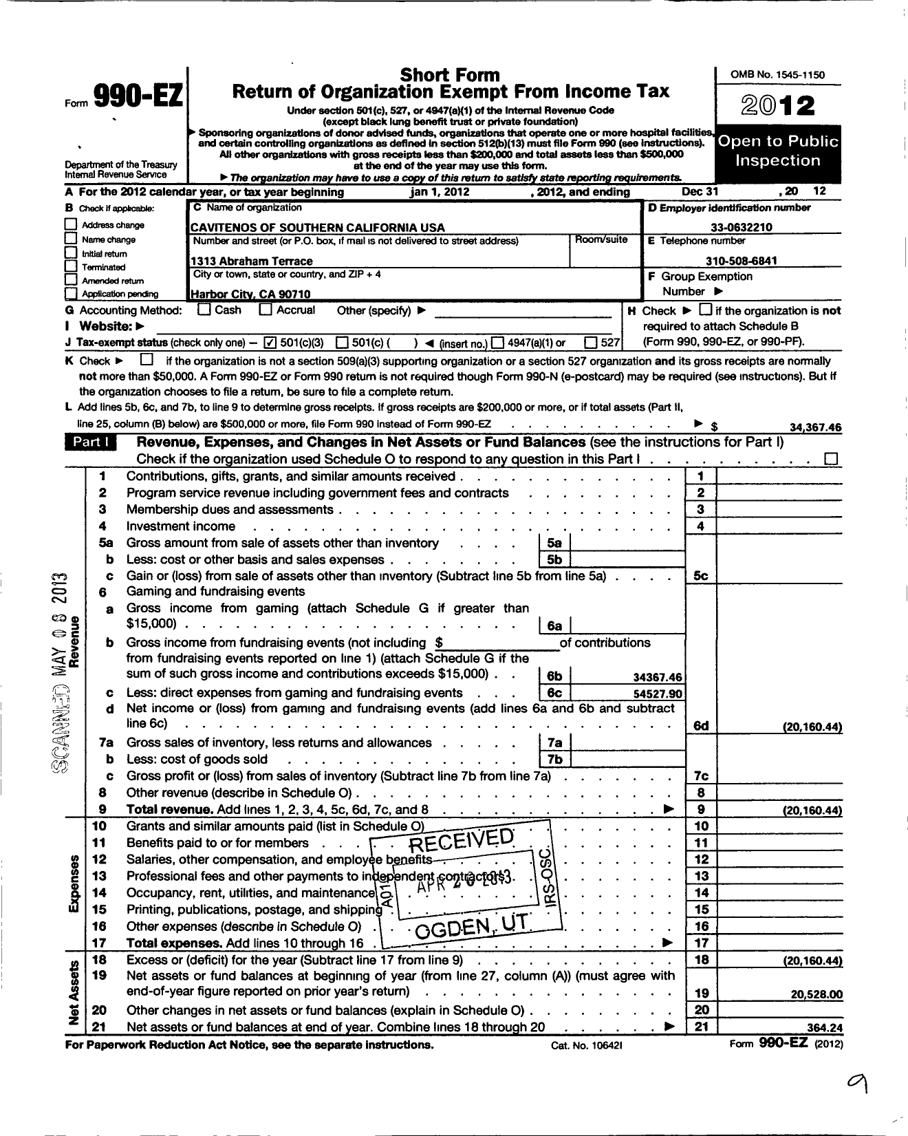 Image of first page of 2012 Form 990EZ for Cavitenos of Southern California U S A