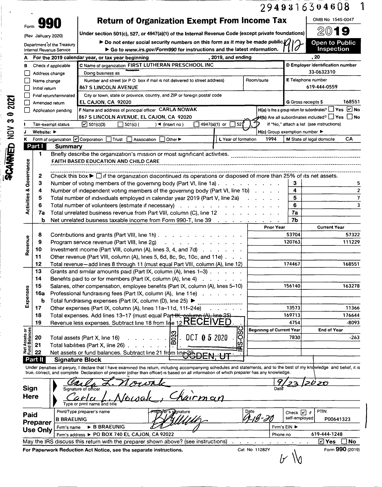 Image of first page of 2019 Form 990 for First Lutheran Preschool