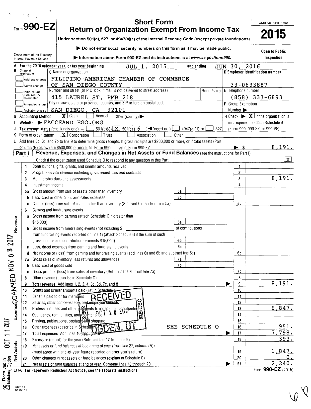 Image of first page of 2015 Form 990EO for Filipino American Chamber of Commerce of San Diego County