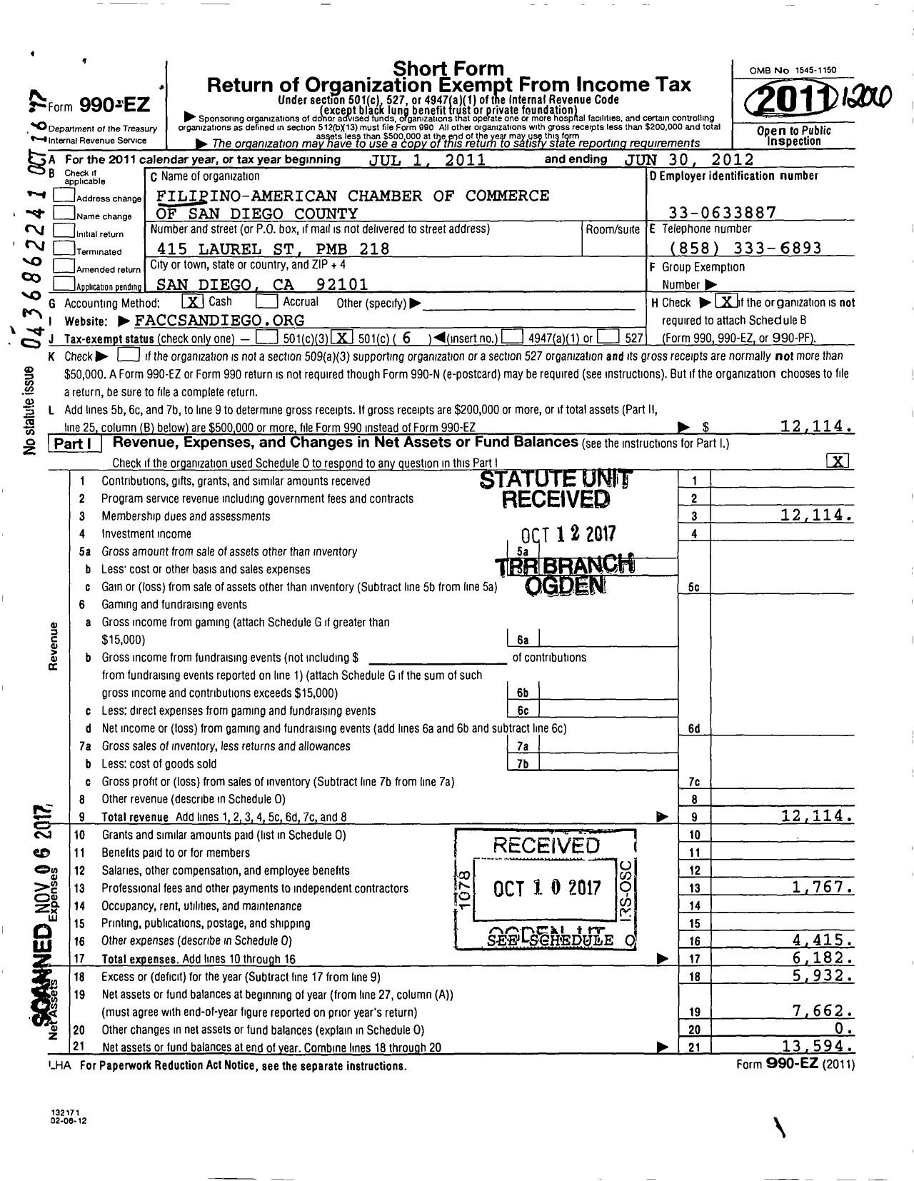 Image of first page of 2011 Form 990EOA for Filipino American Chamber of Commerce of San Diego County