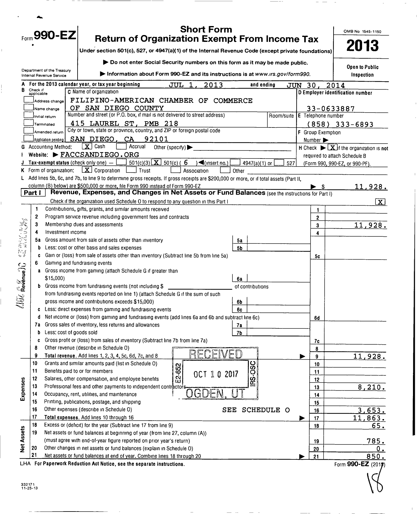 Image of first page of 2013 Form 990EO for Filipino American Chamber of Commerce of San Diego County