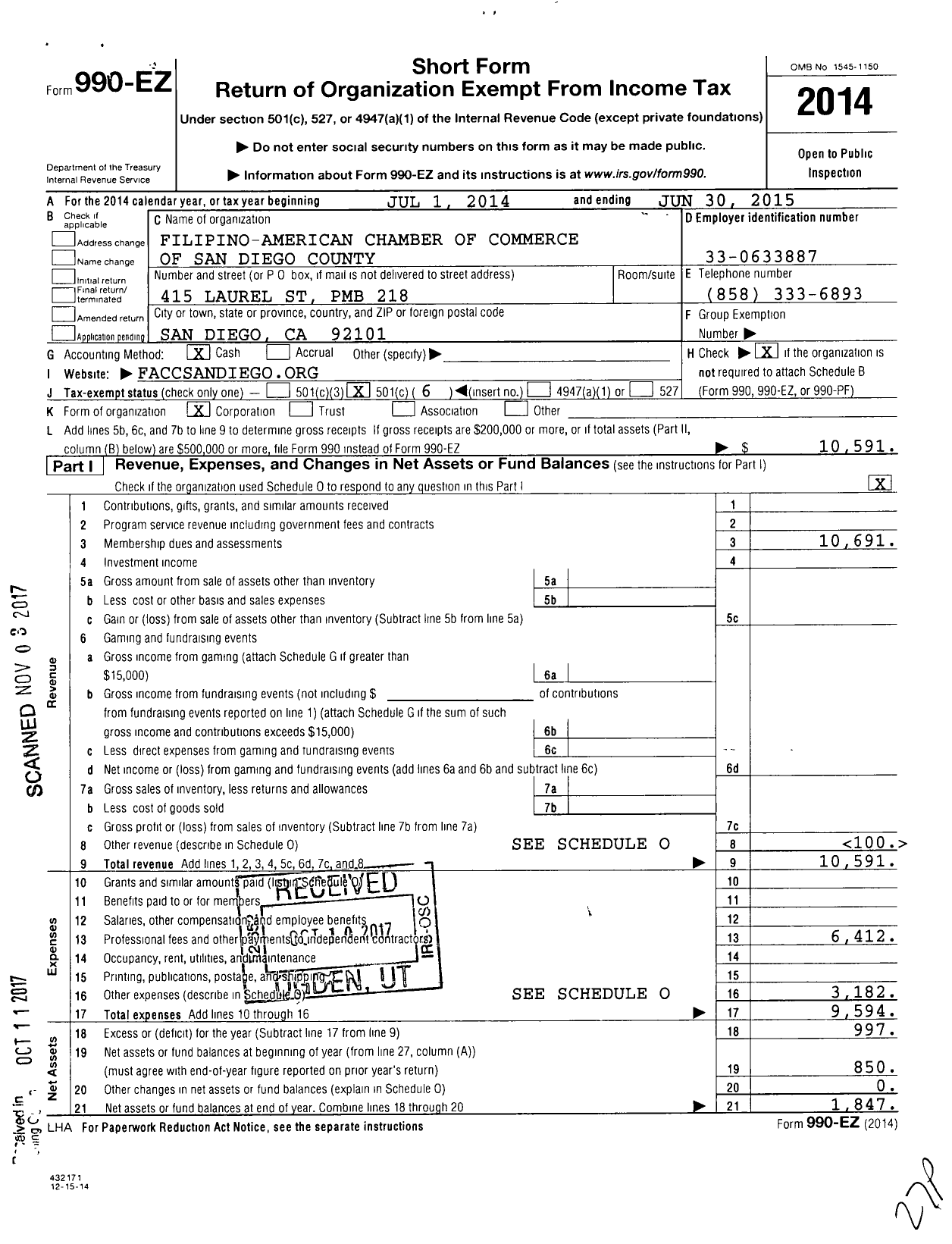 Image of first page of 2014 Form 990EO for Filipino American Chamber of Commerce of San Diego County