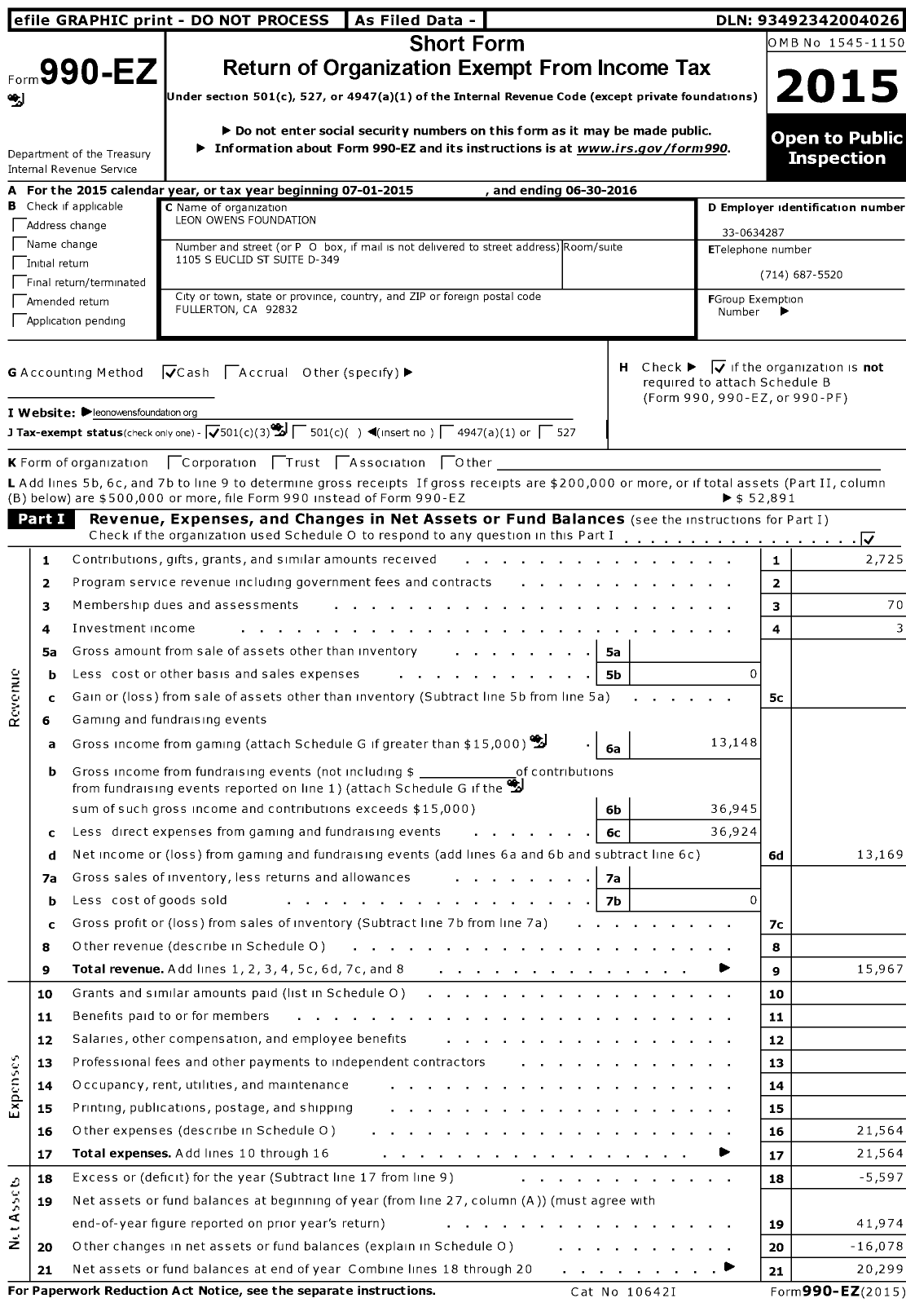 Image of first page of 2015 Form 990EZ for Leon Owens Foundation