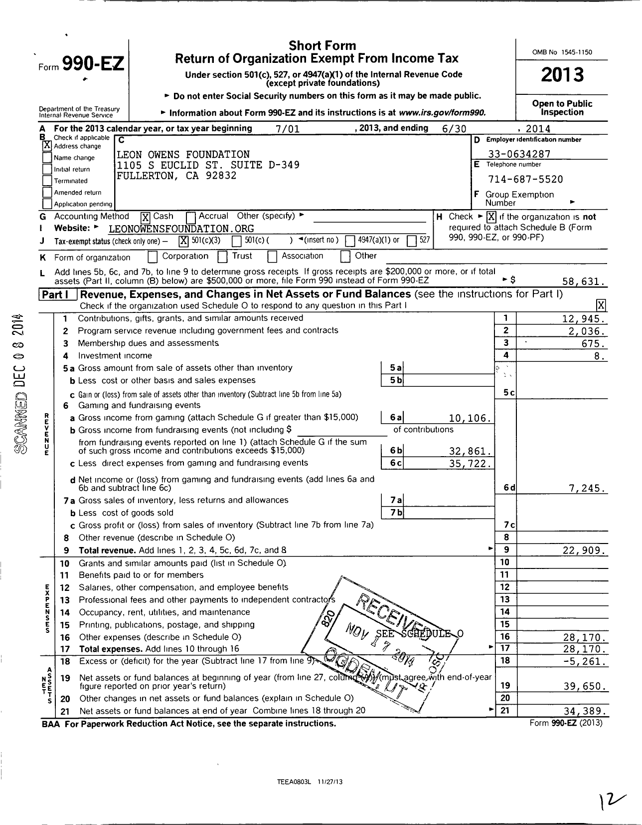 Image of first page of 2013 Form 990EZ for Leon Owens Foundation