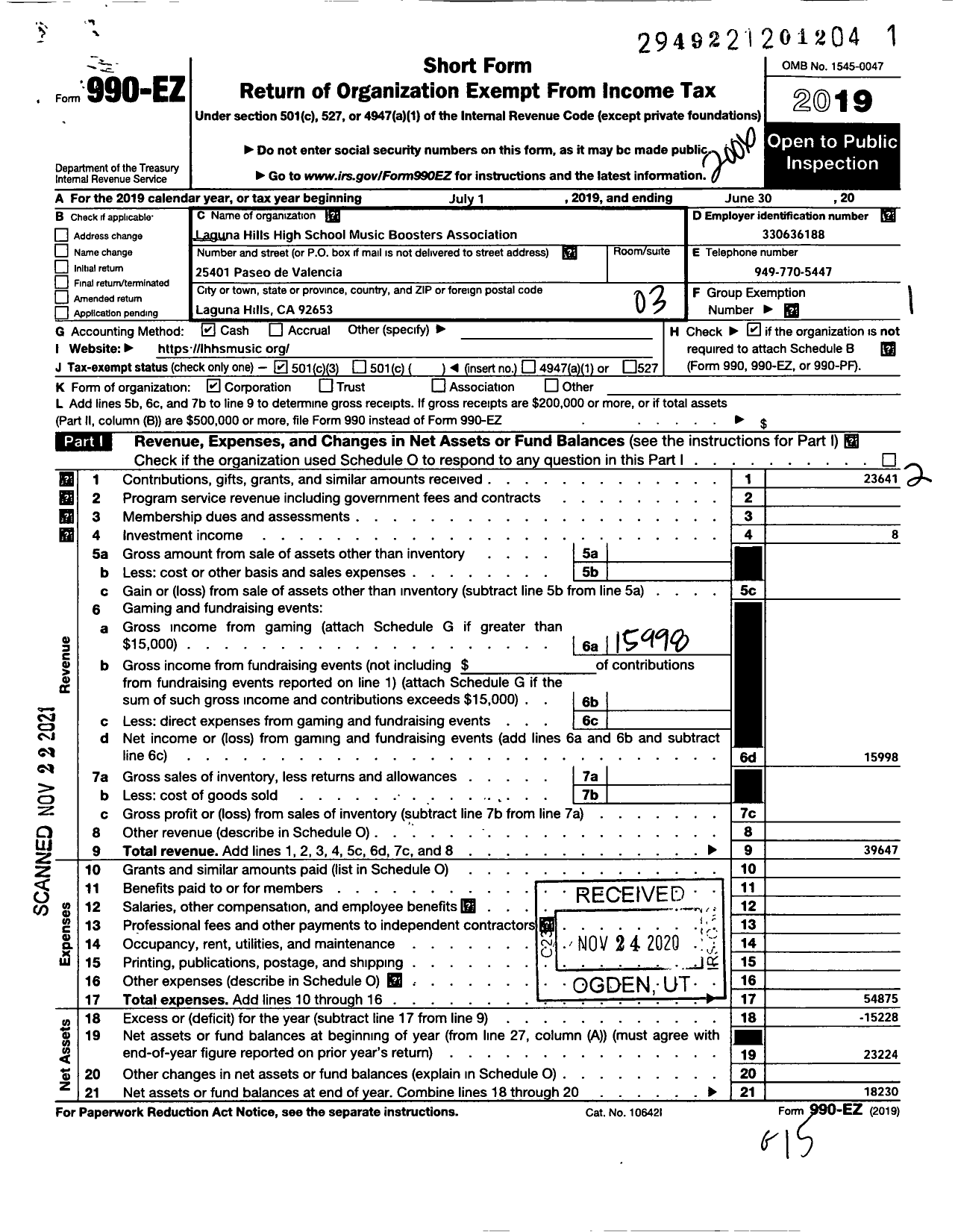 Image of first page of 2019 Form 990EZ for Laguna Hills High School Music Boosters Association