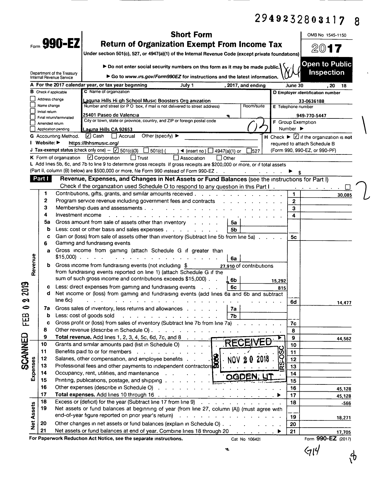 Image of first page of 2017 Form 990EZ for Laguna Hills High School Music Boosters Association