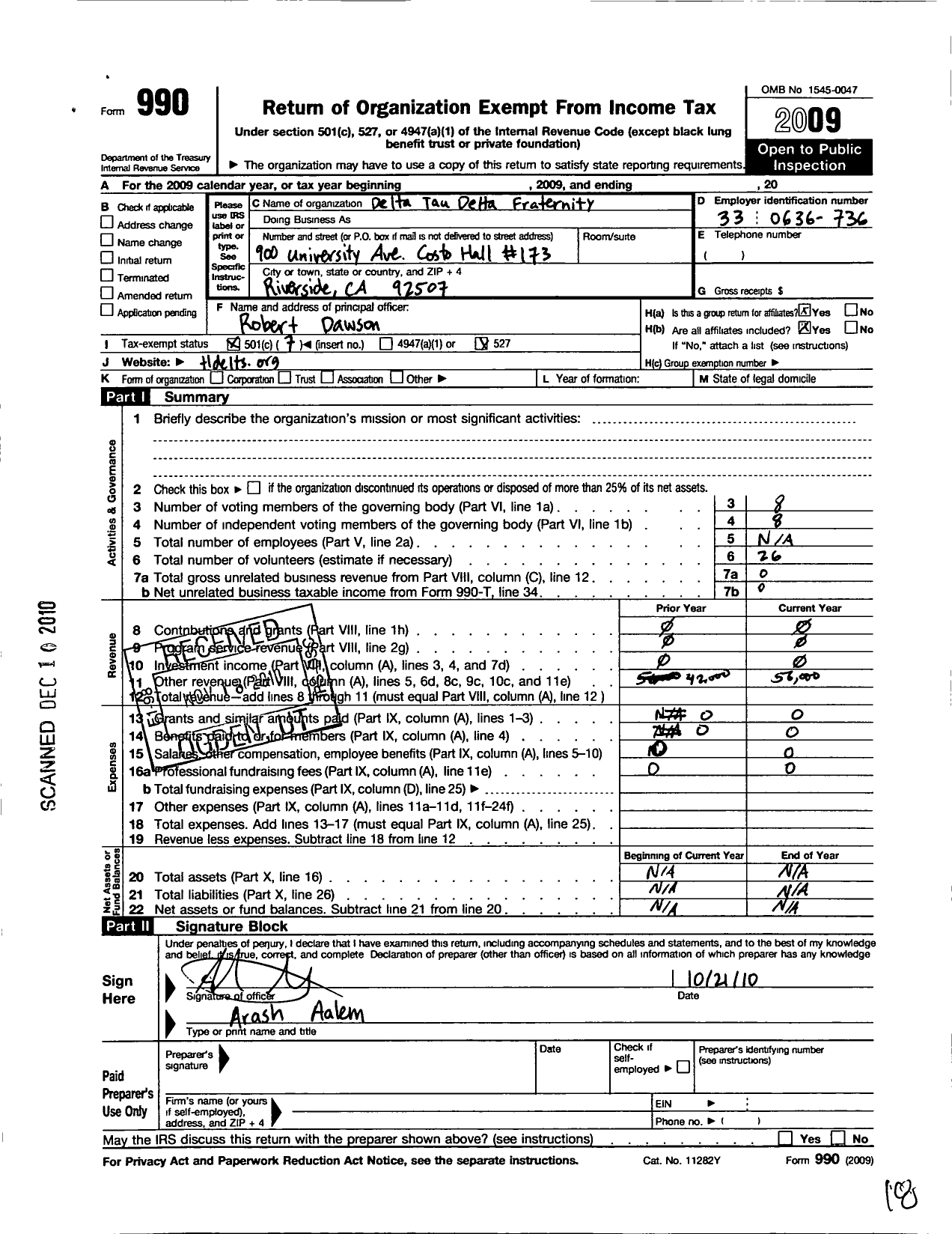 Image of first page of 2009 Form 990O for Delta Tau Delta Fraternity - Theta Lambda Chapter