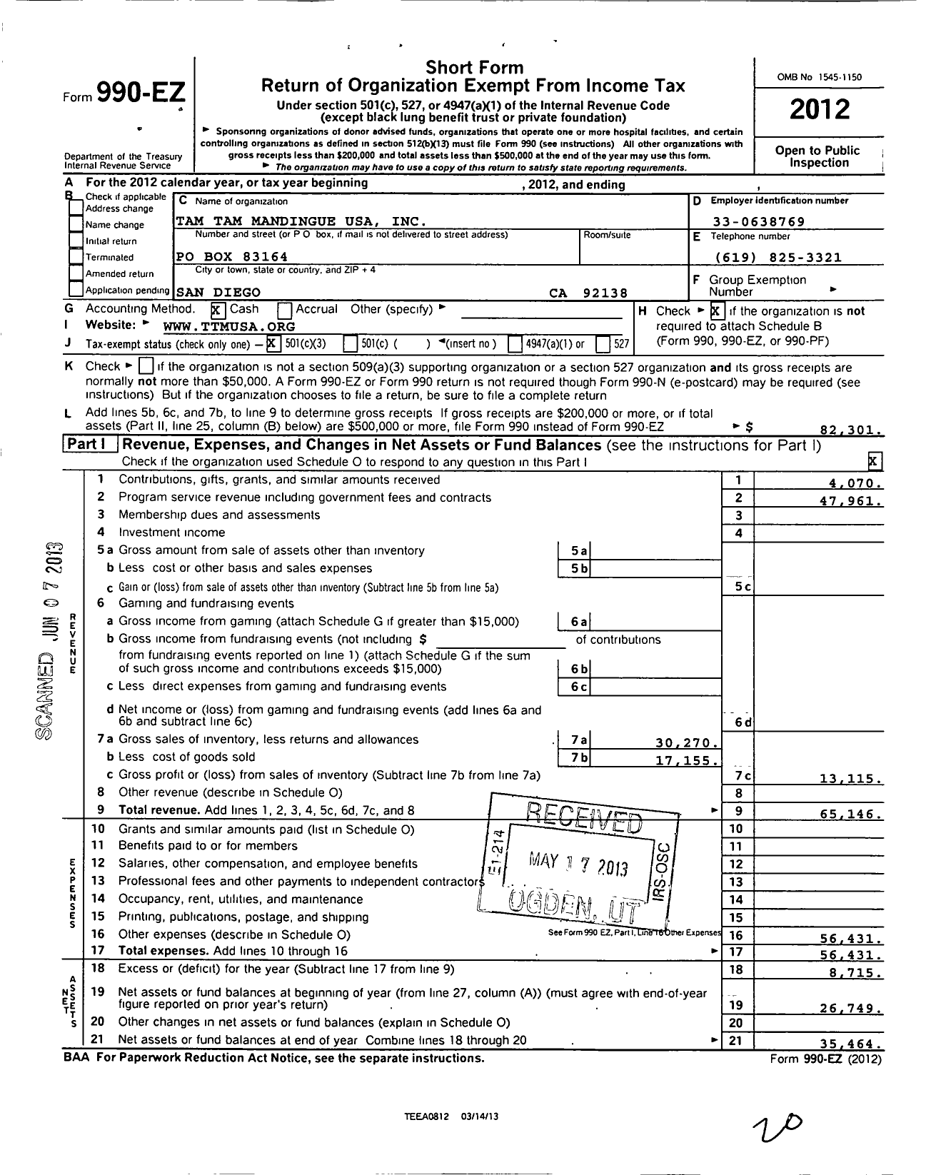 Image of first page of 2012 Form 990EZ for Mo Rhythm School of Percussion