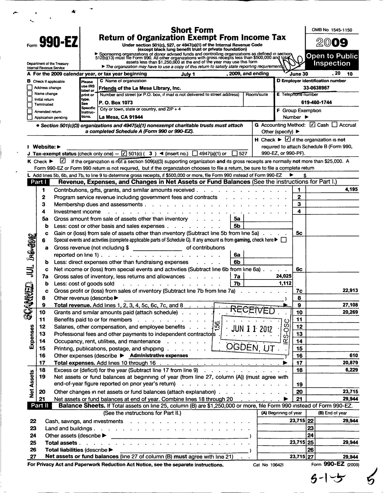 Image of first page of 2009 Form 990EZ for Friends of the La Mesa Library