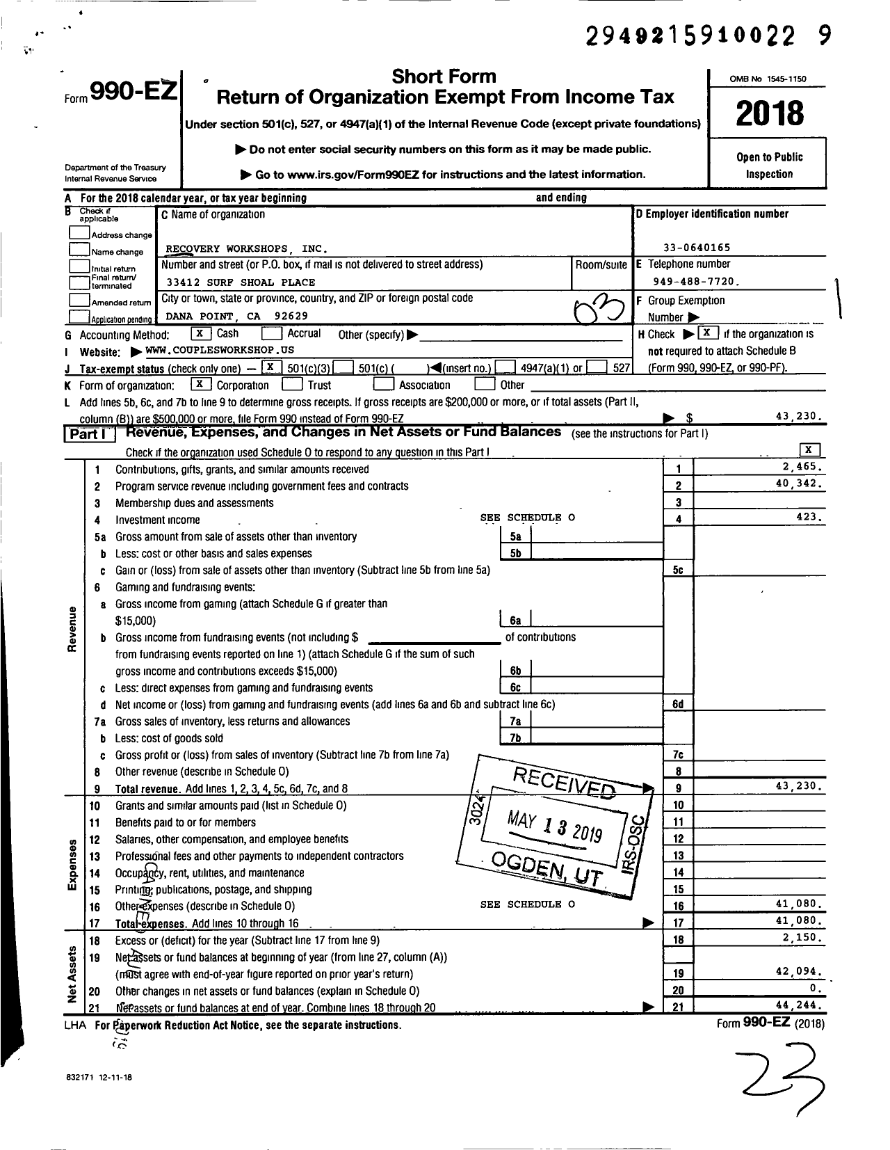 Image of first page of 2018 Form 990EZ for Recovery Workshops