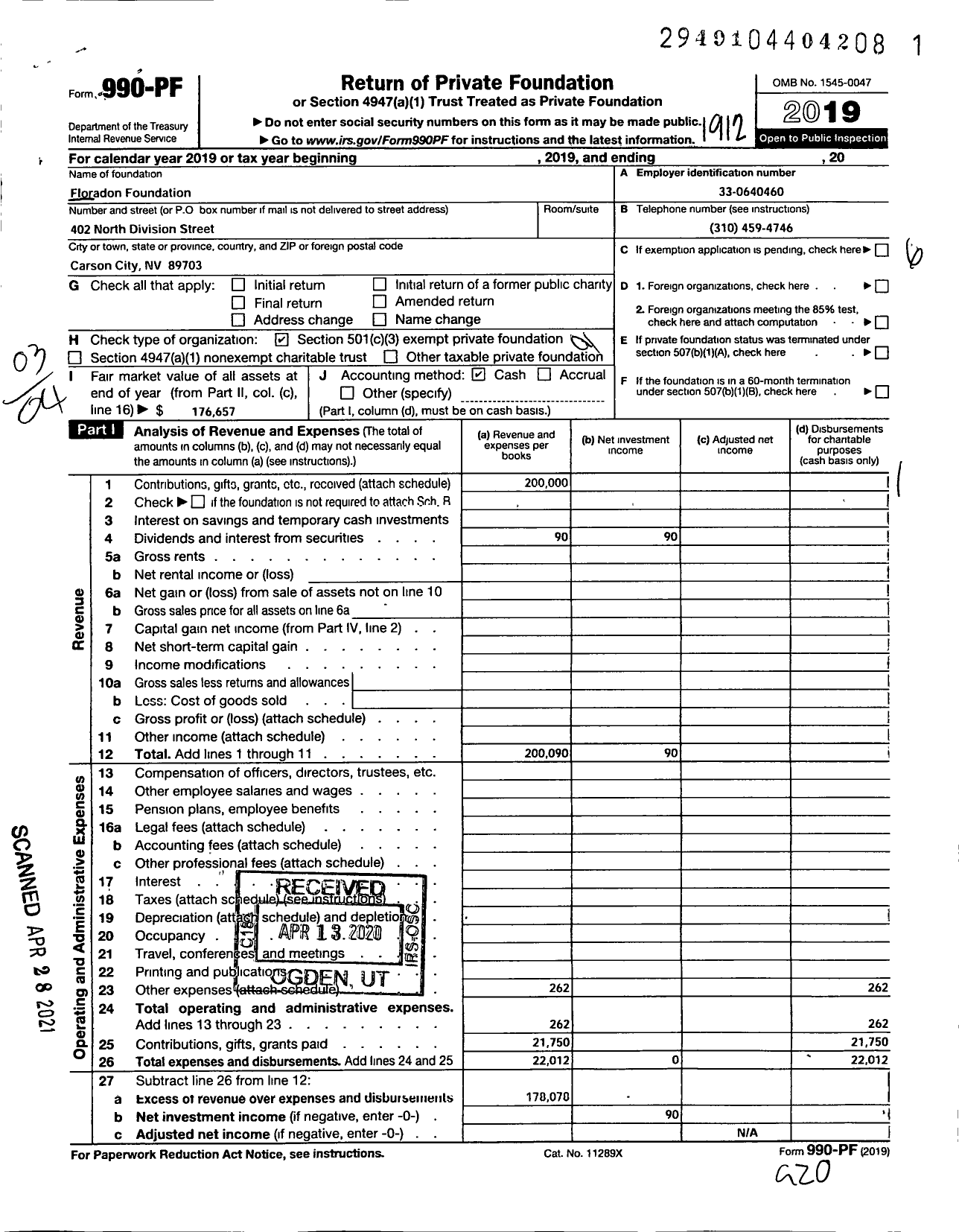 Image of first page of 2019 Form 990PF for Floradon Foundation