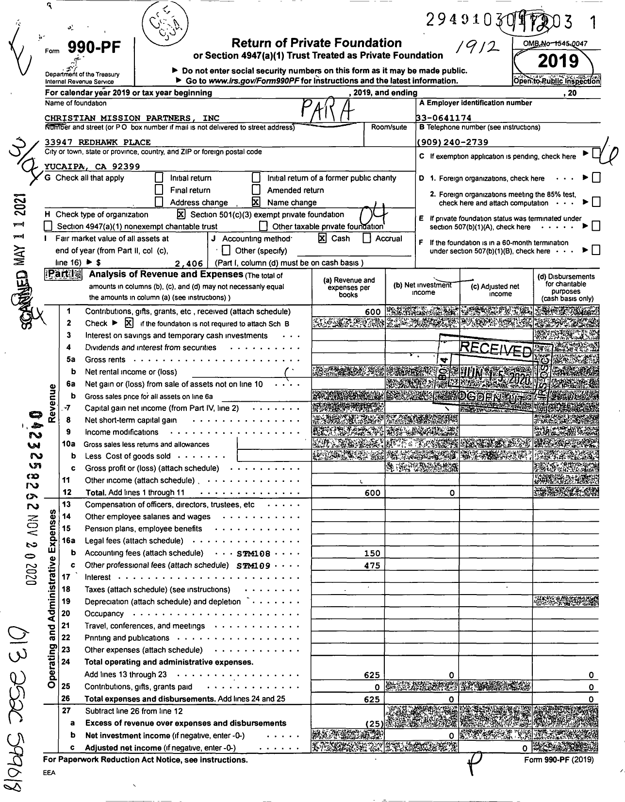 Image of first page of 2019 Form 990PF for Christian Mission Partners