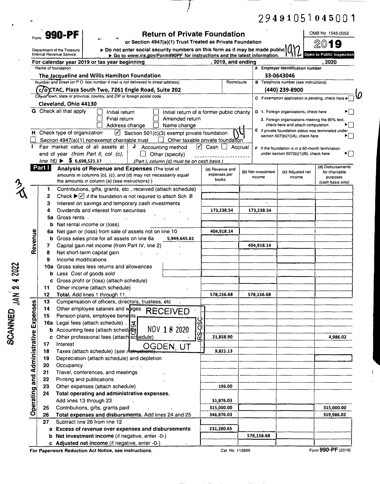 Image of first page of 2019 Form 990PF for The Jacqueline and Willis Hamilton Foundation