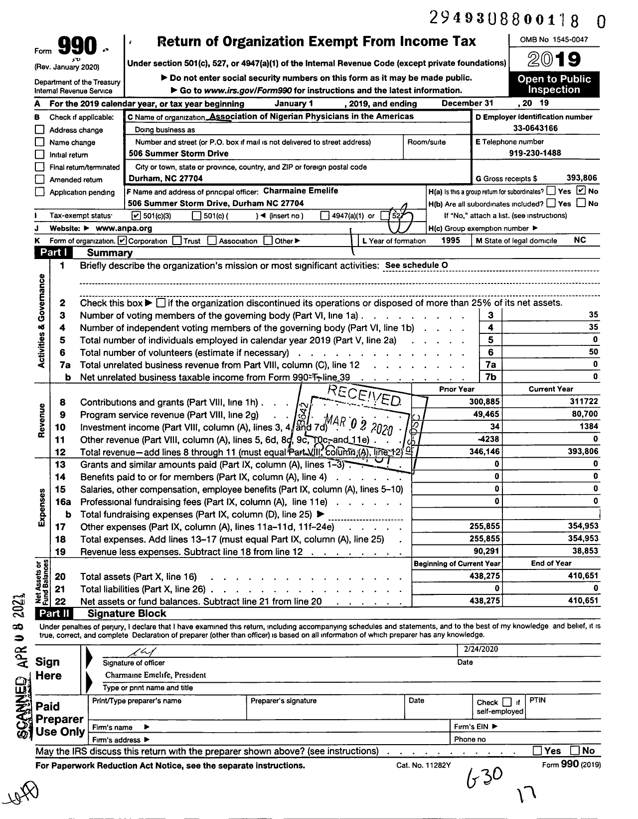 Image of first page of 2019 Form 990 for Association of Nigerian Physicians in the Americas