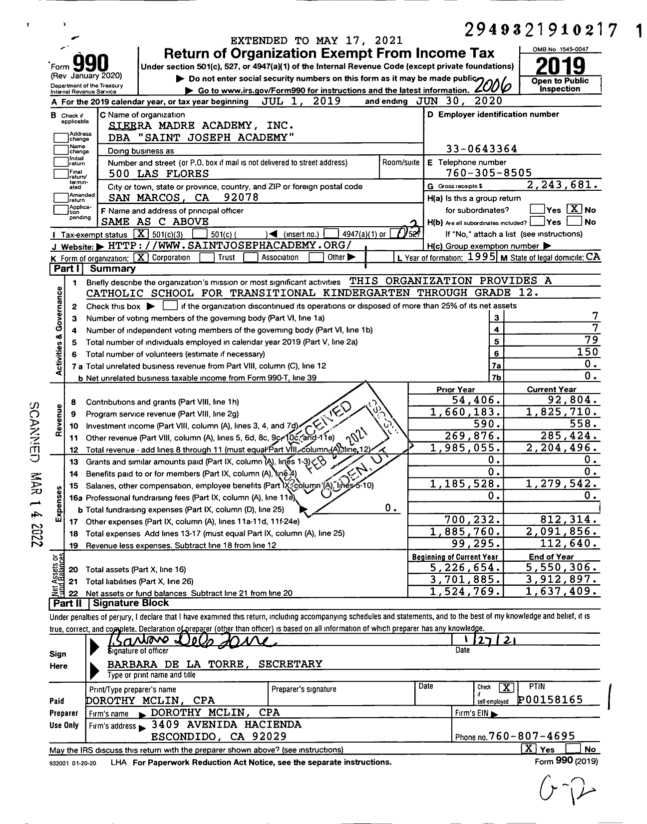 Image of first page of 2019 Form 990 for Saint Joseph Academy