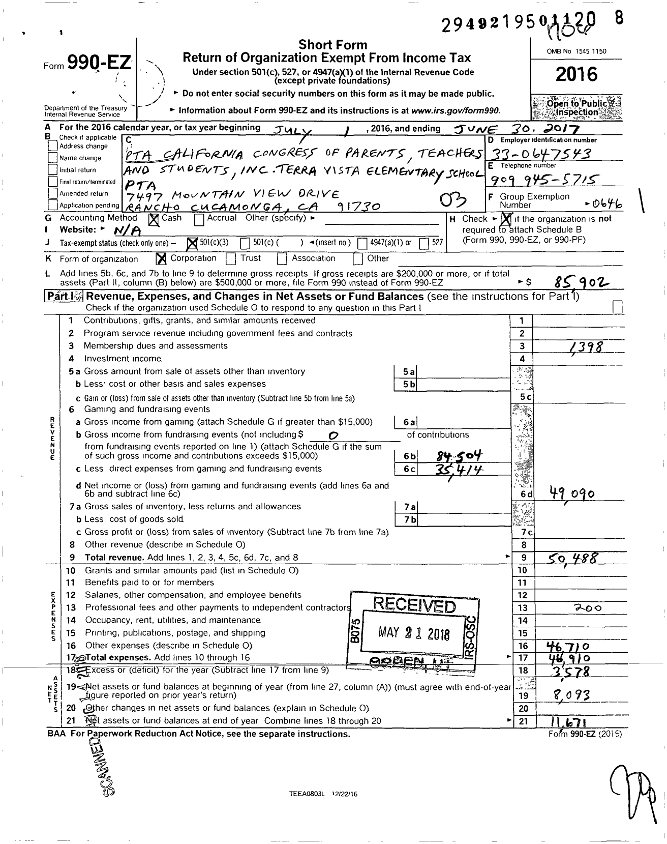 Image of first page of 2016 Form 990EZ for California State PTA - 5094 Terra Vista Elementary PTA