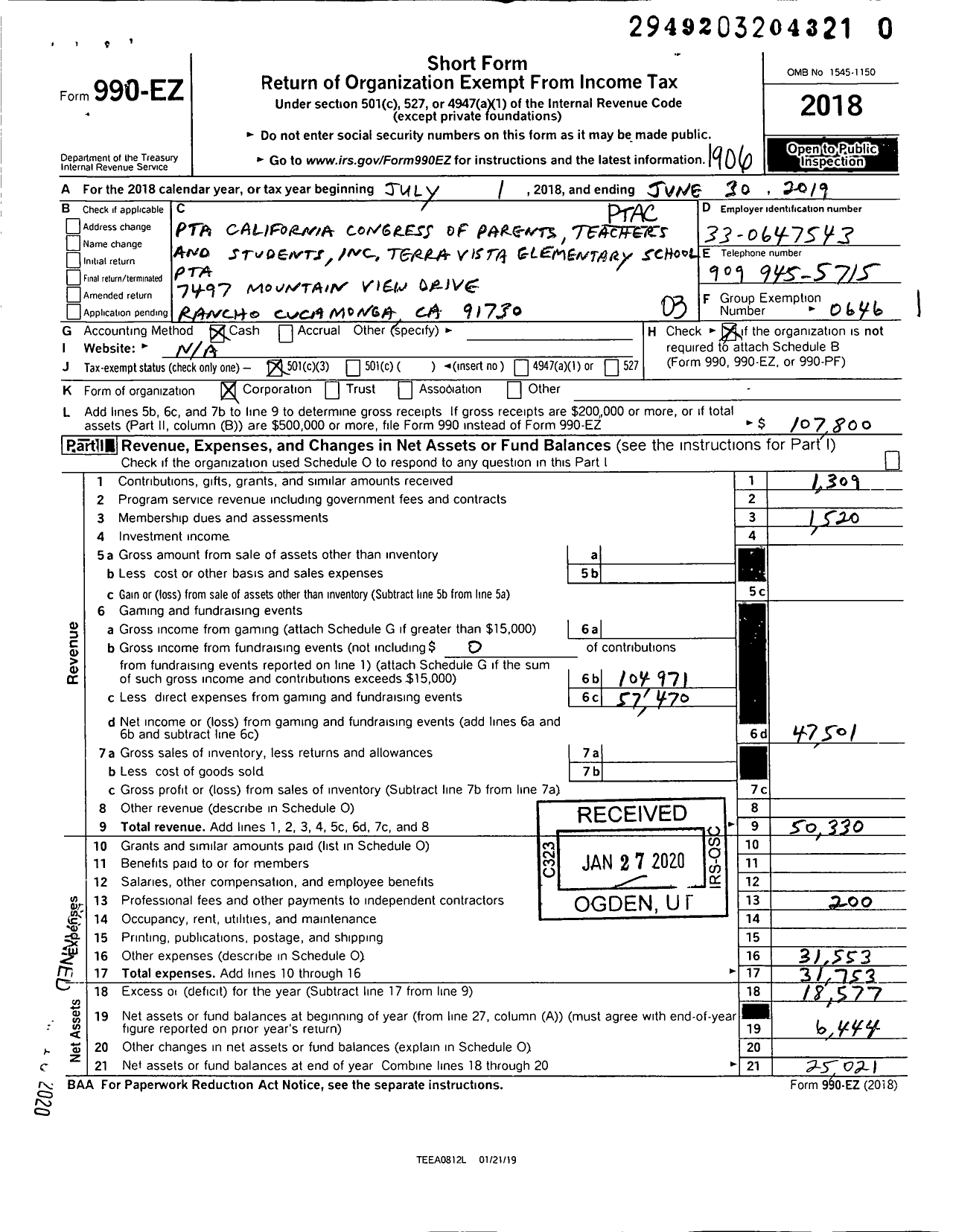 Image of first page of 2018 Form 990EZ for California State PTA - 5094 Terra Vista Elementary PTA