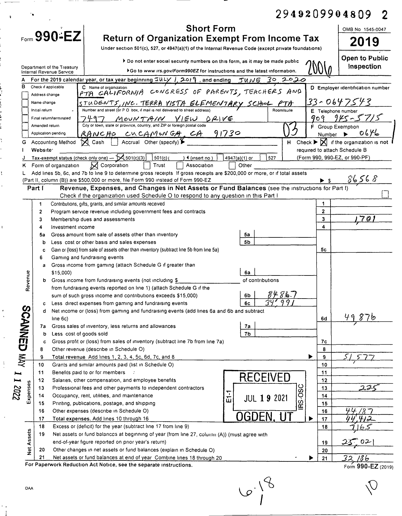 Image of first page of 2019 Form 990EZ for California State PTA - 5094 Terra Vista Elementary PTA