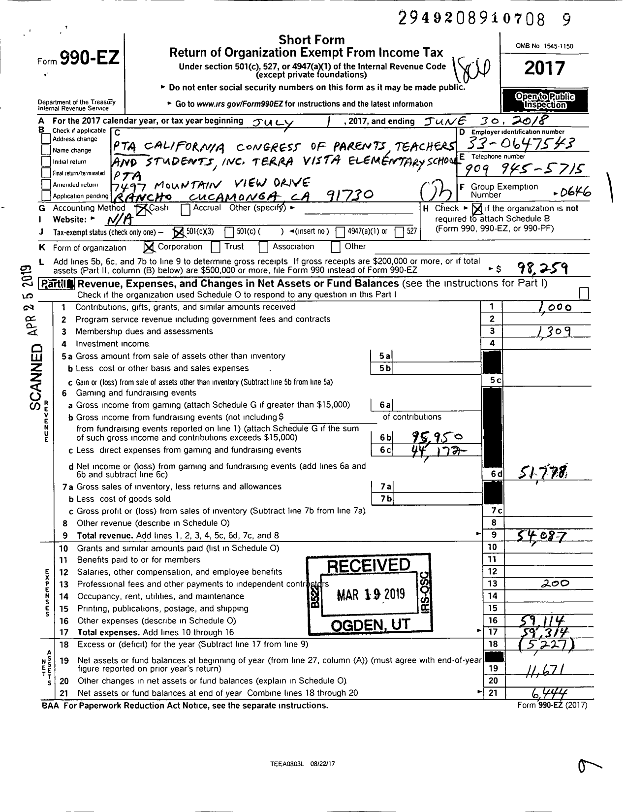 Image of first page of 2017 Form 990EZ for California State PTA - 5094 Terra Vista Elementary PTA