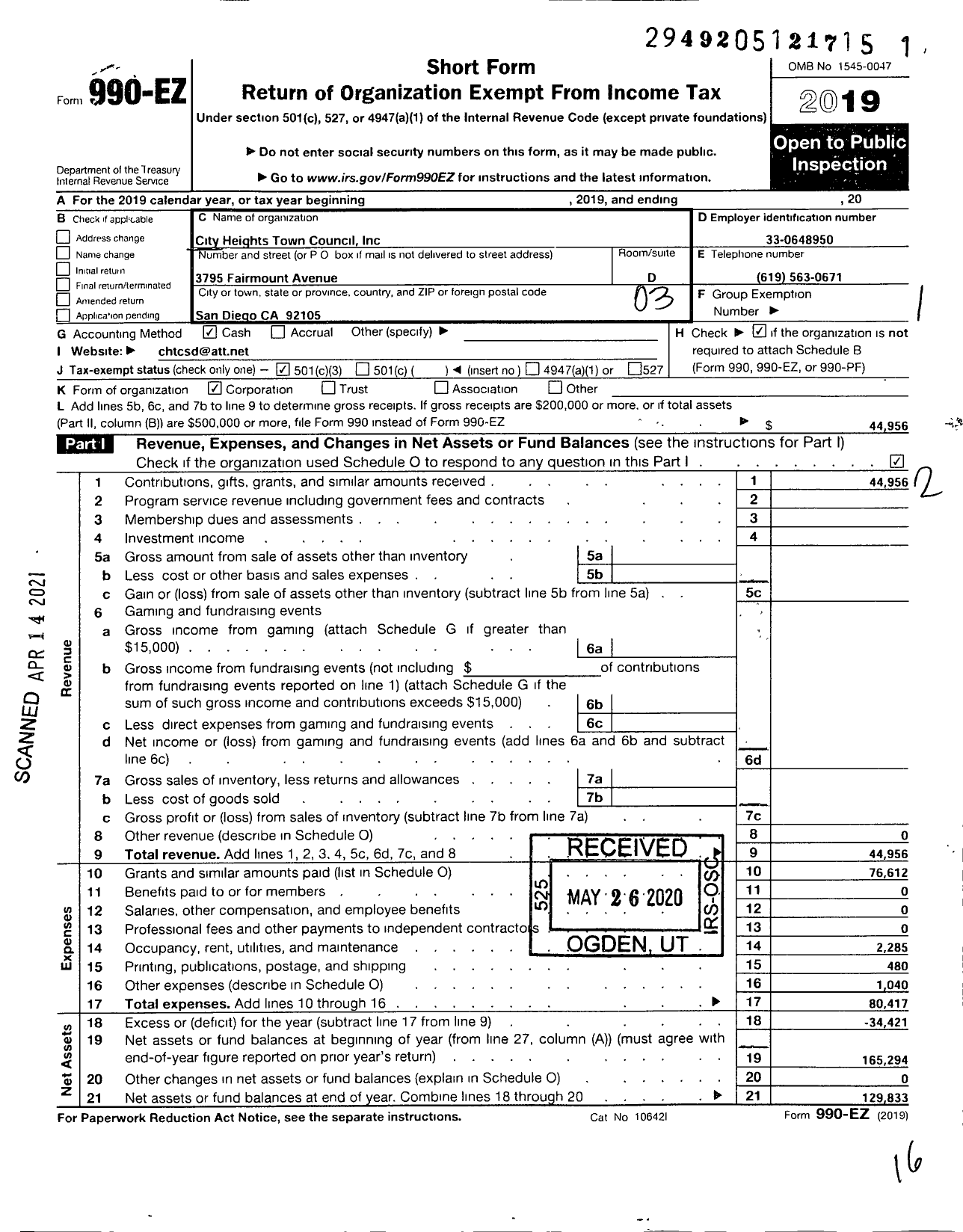 Image of first page of 2019 Form 990EZ for City Heights Town Council