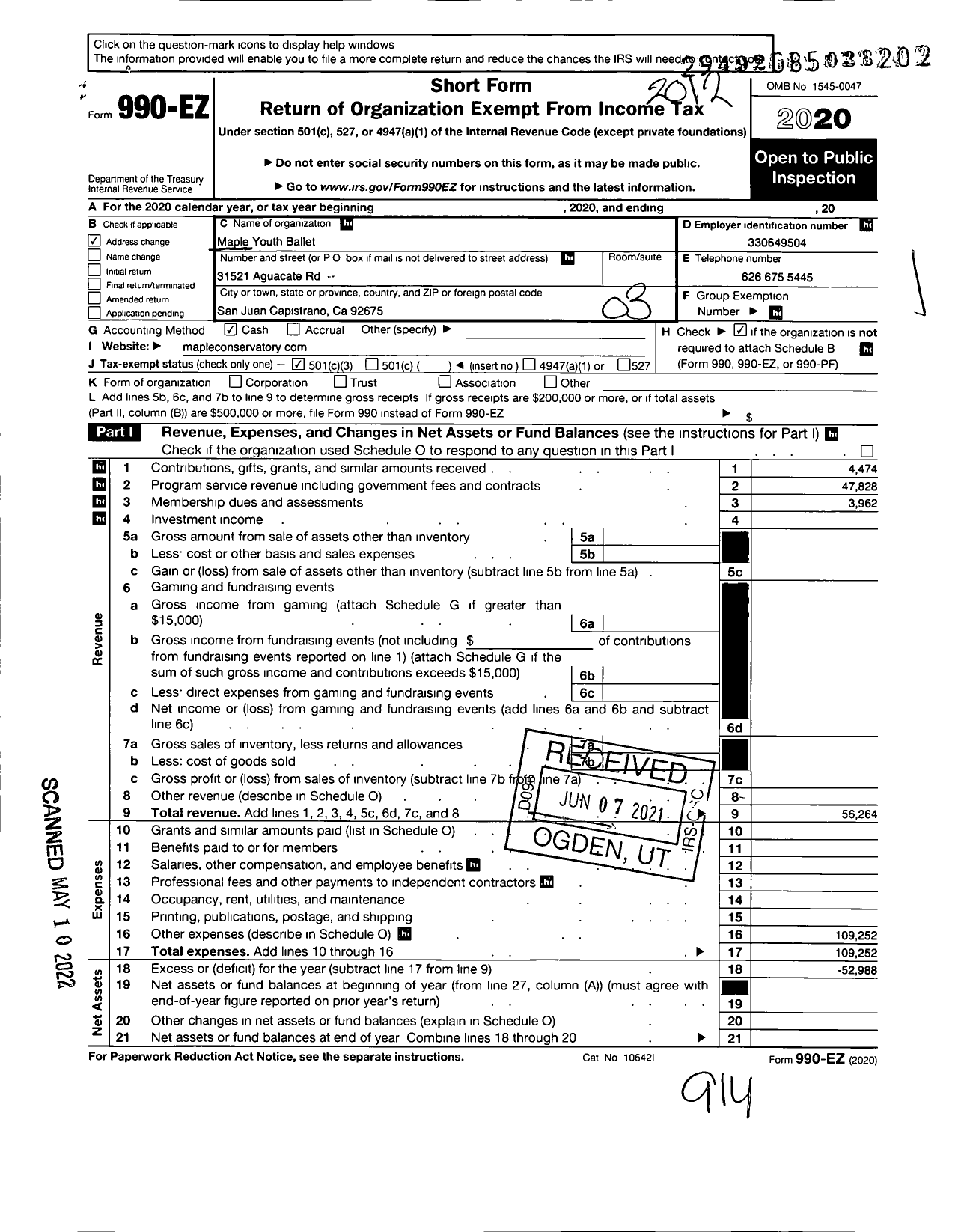 Image of first page of 2020 Form 990EZ for Maple Youth Ballet