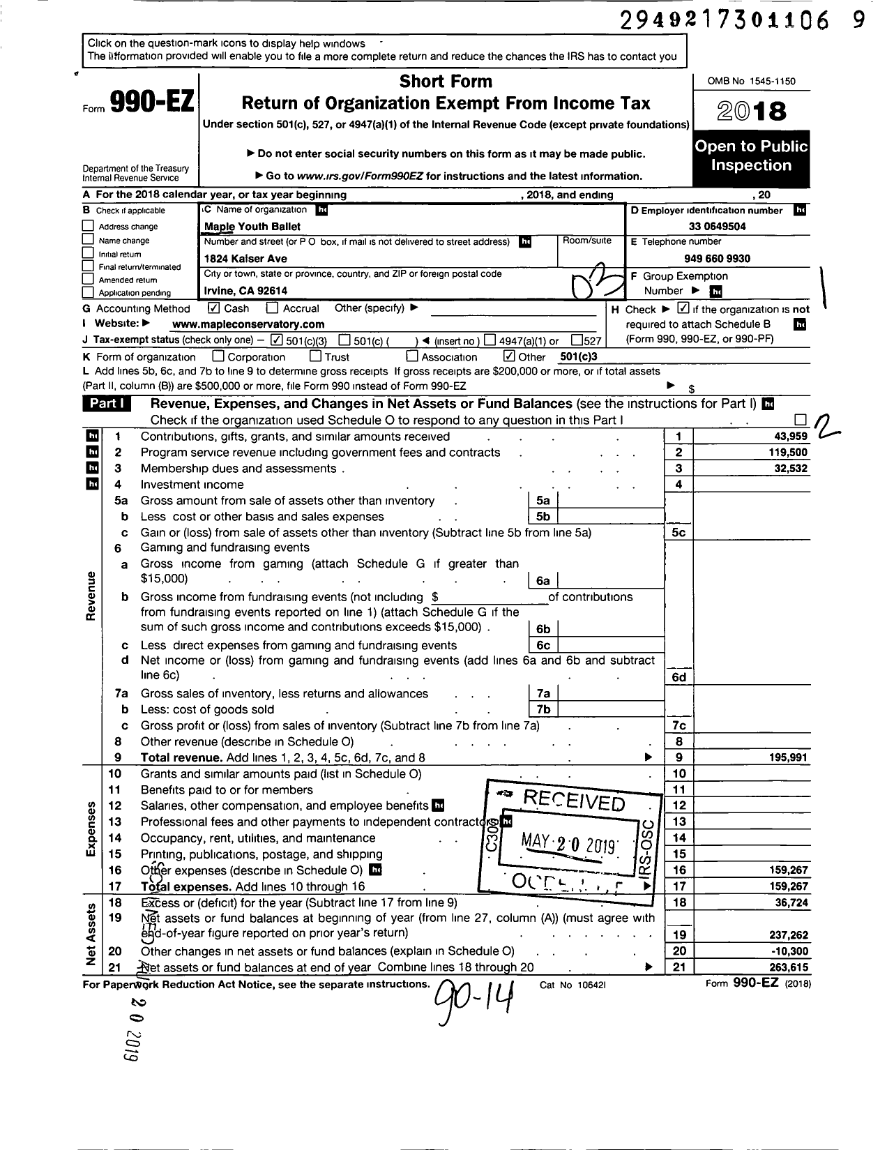 Image of first page of 2018 Form 990EZ for Maple Youth Ballet