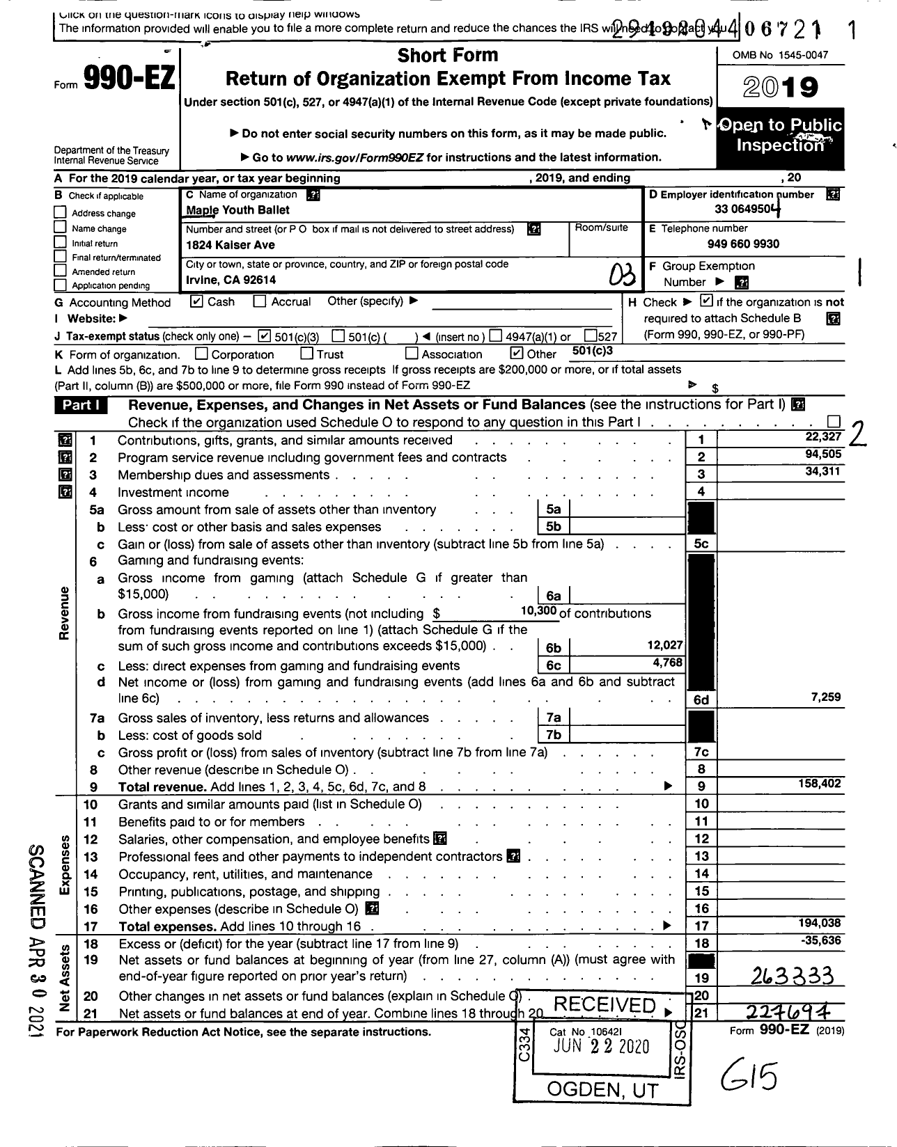 Image of first page of 2019 Form 990EZ for Maple Youth Ballet