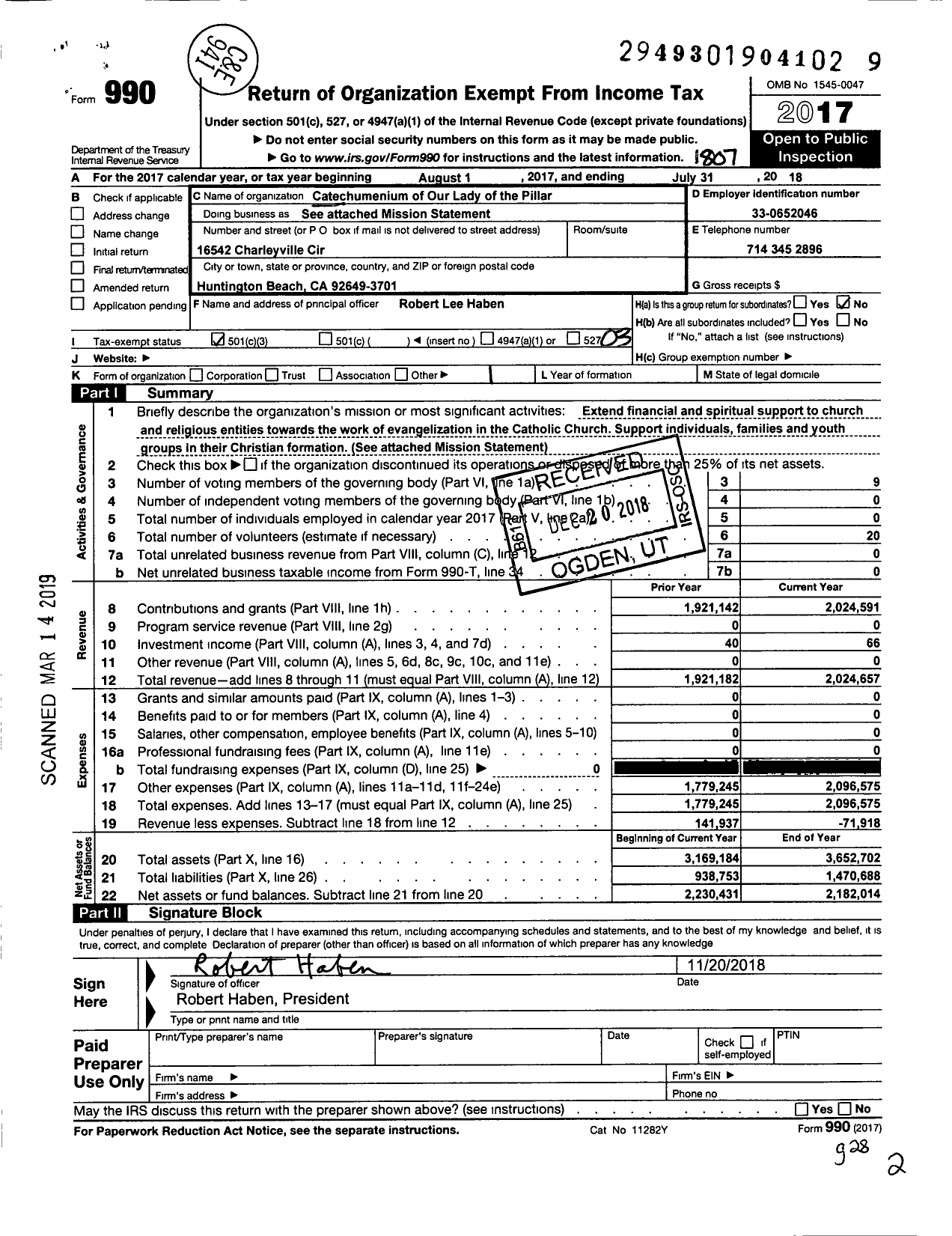 Image of first page of 2017 Form 990 for Catechumenium of Our Lady of the Pillar