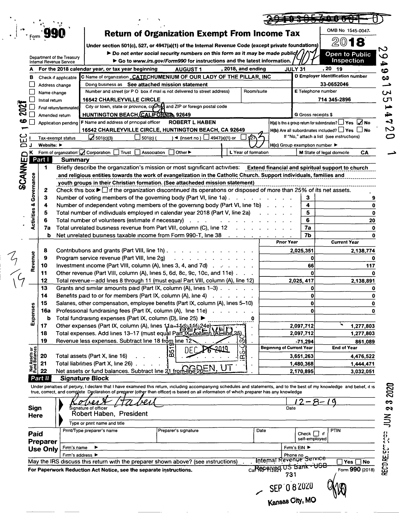 Image of first page of 2018 Form 990 for Catechumenium of Our Lady of the Pillar