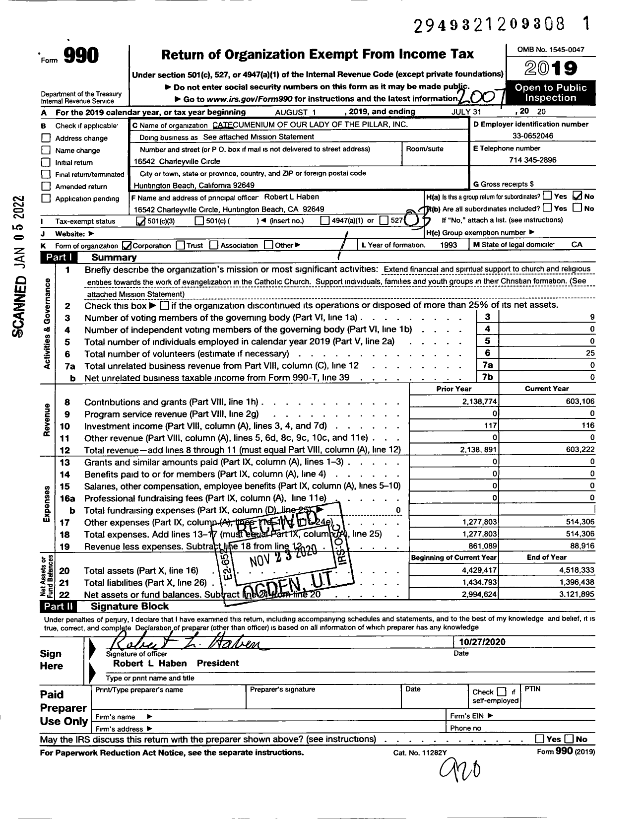 Image of first page of 2019 Form 990 for Catechumenium of Our Lady of the Pillar