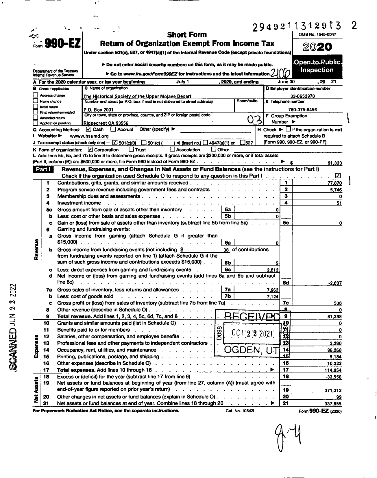 Image of first page of 2020 Form 990EZ for Historical Society of the Upper Mojave Desert