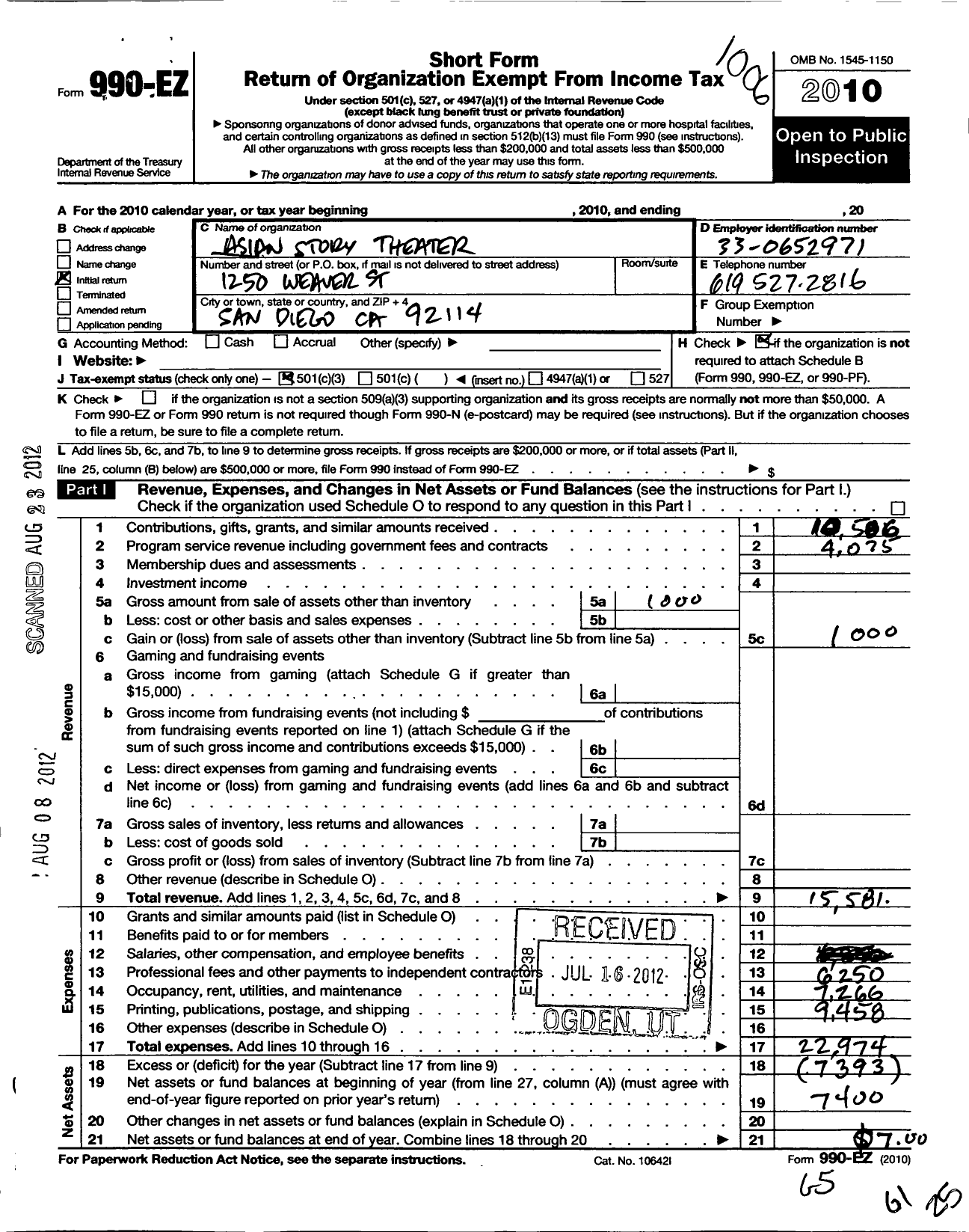 Image of first page of 2010 Form 990EZ for Asian Story Theather Incorporated