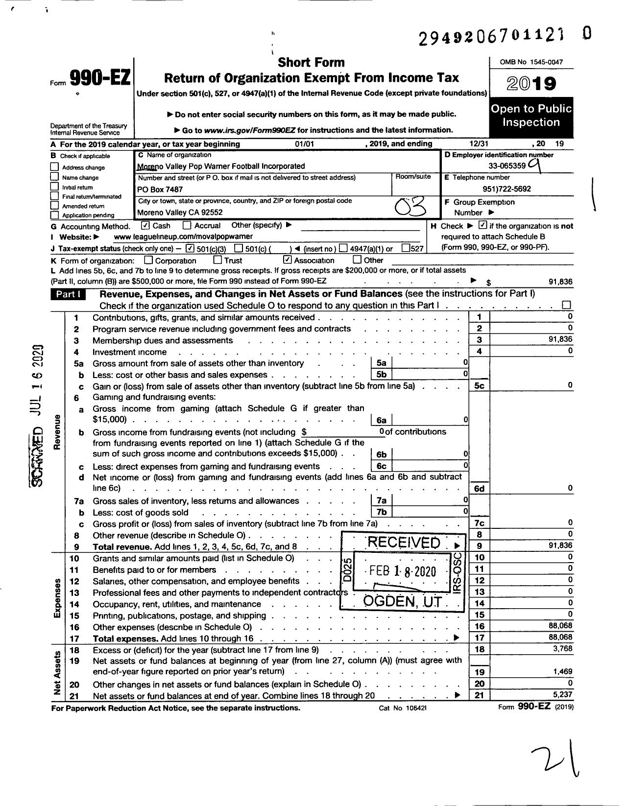 Image of first page of 2019 Form 990EZ for Pop Warner Little Scholars / Moreno Valley Pop Warner