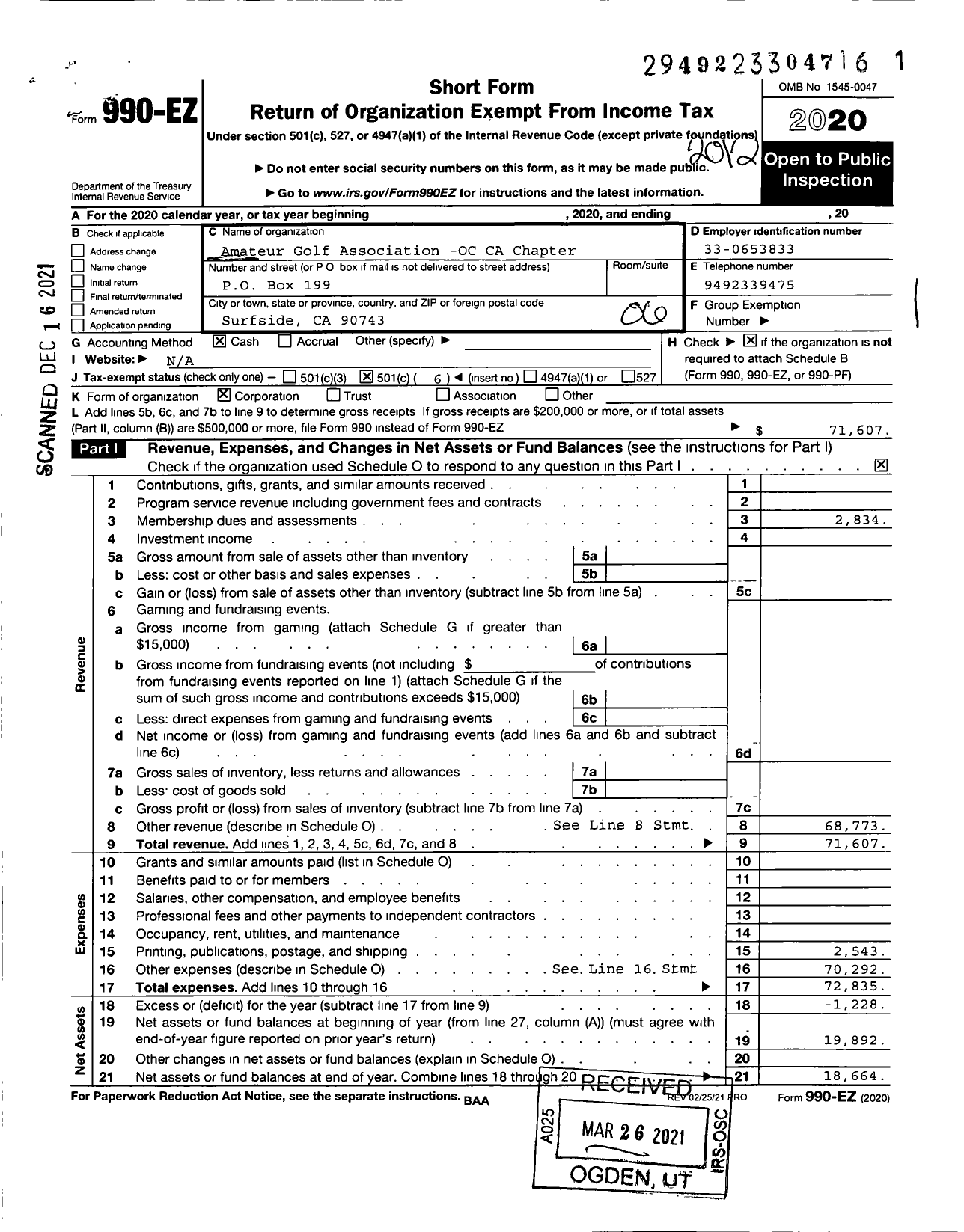 Image of first page of 2020 Form 990EO for Amateur Golf Association - Orange County CA Chapter