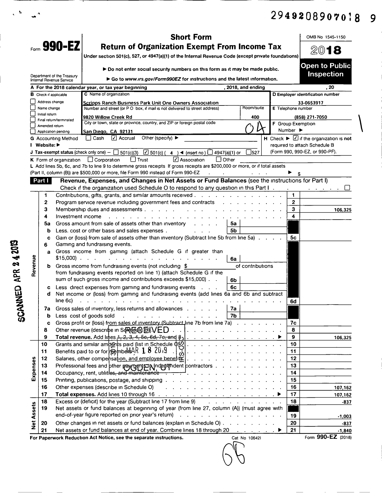 Image of first page of 2018 Form 990EO for Scripps Ranch Business Park Unit One Owners Association