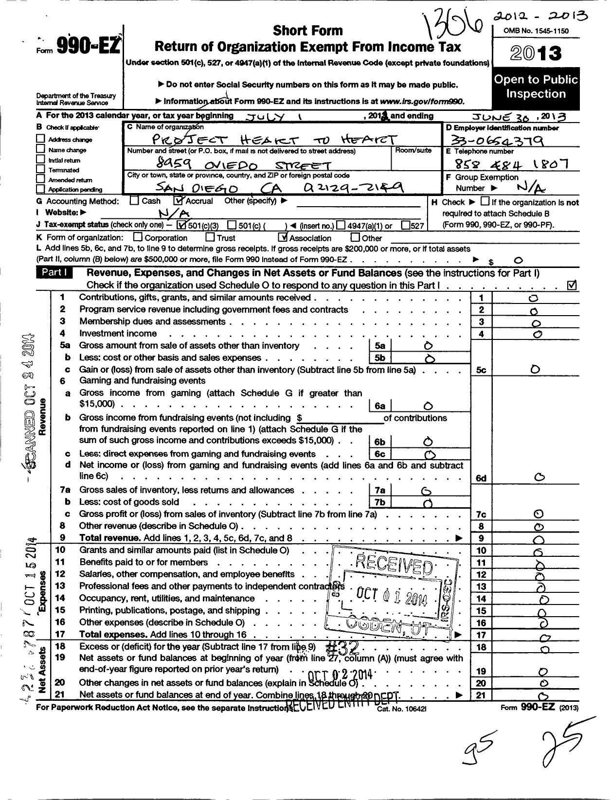 Image of first page of 2012 Form 990EZ for Project Heart To Heart