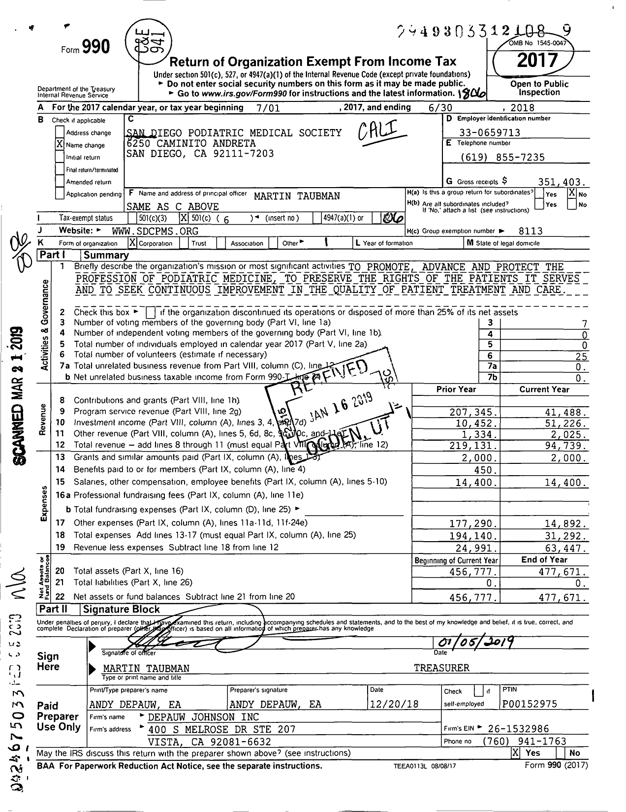 Image of first page of 2017 Form 990O for San Diego Podiatric Medical Society