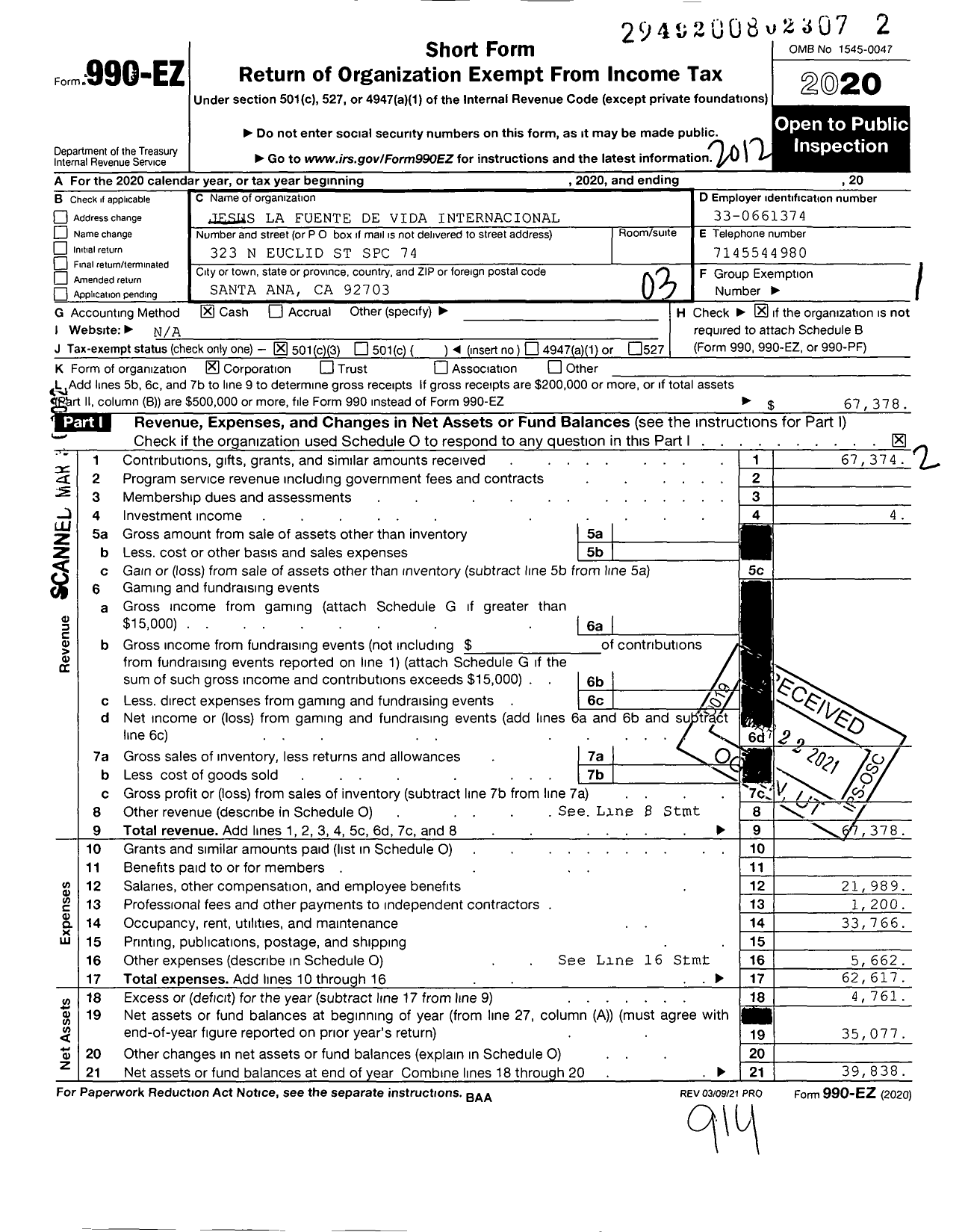 Image of first page of 2020 Form 990EZ for Jesus La Fuente de Vida