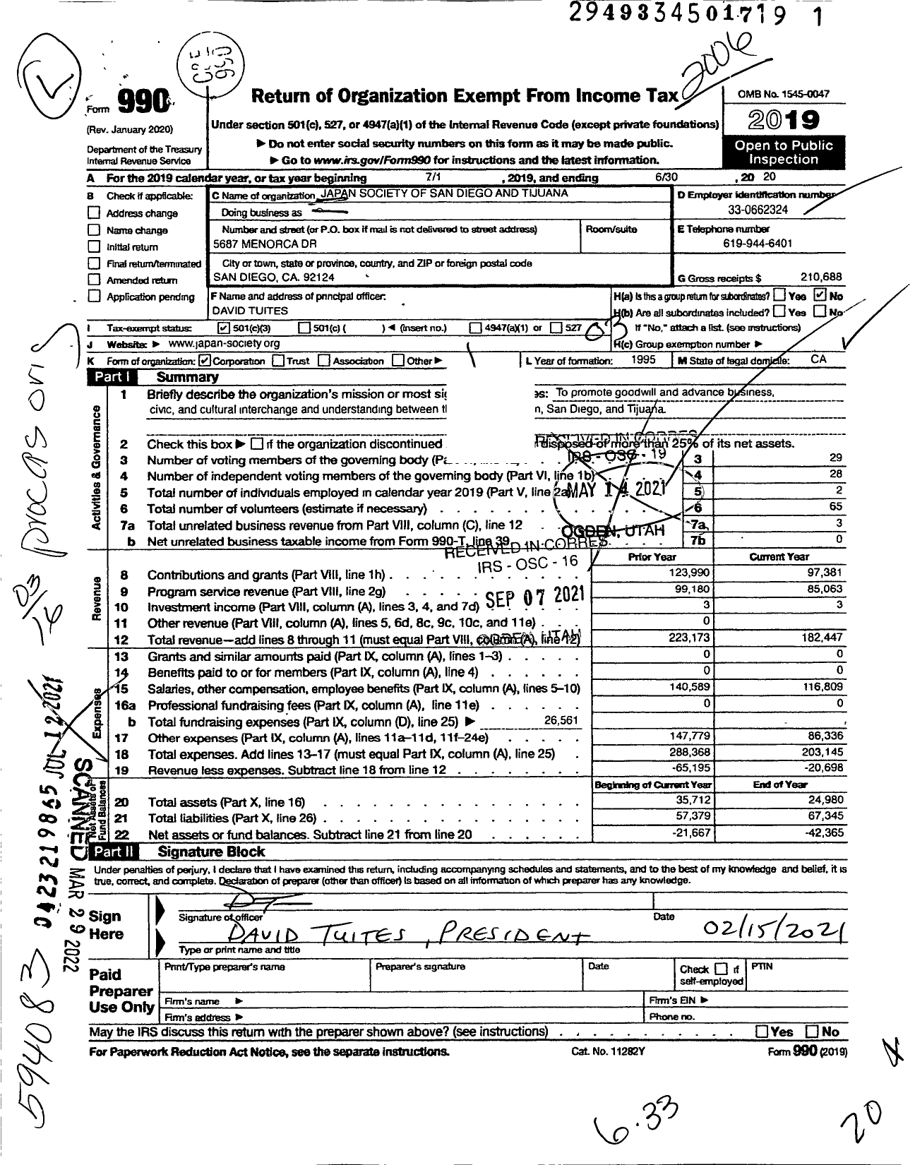 Image of first page of 2019 Form 990 for Japan Society of San Diego and Tijuana