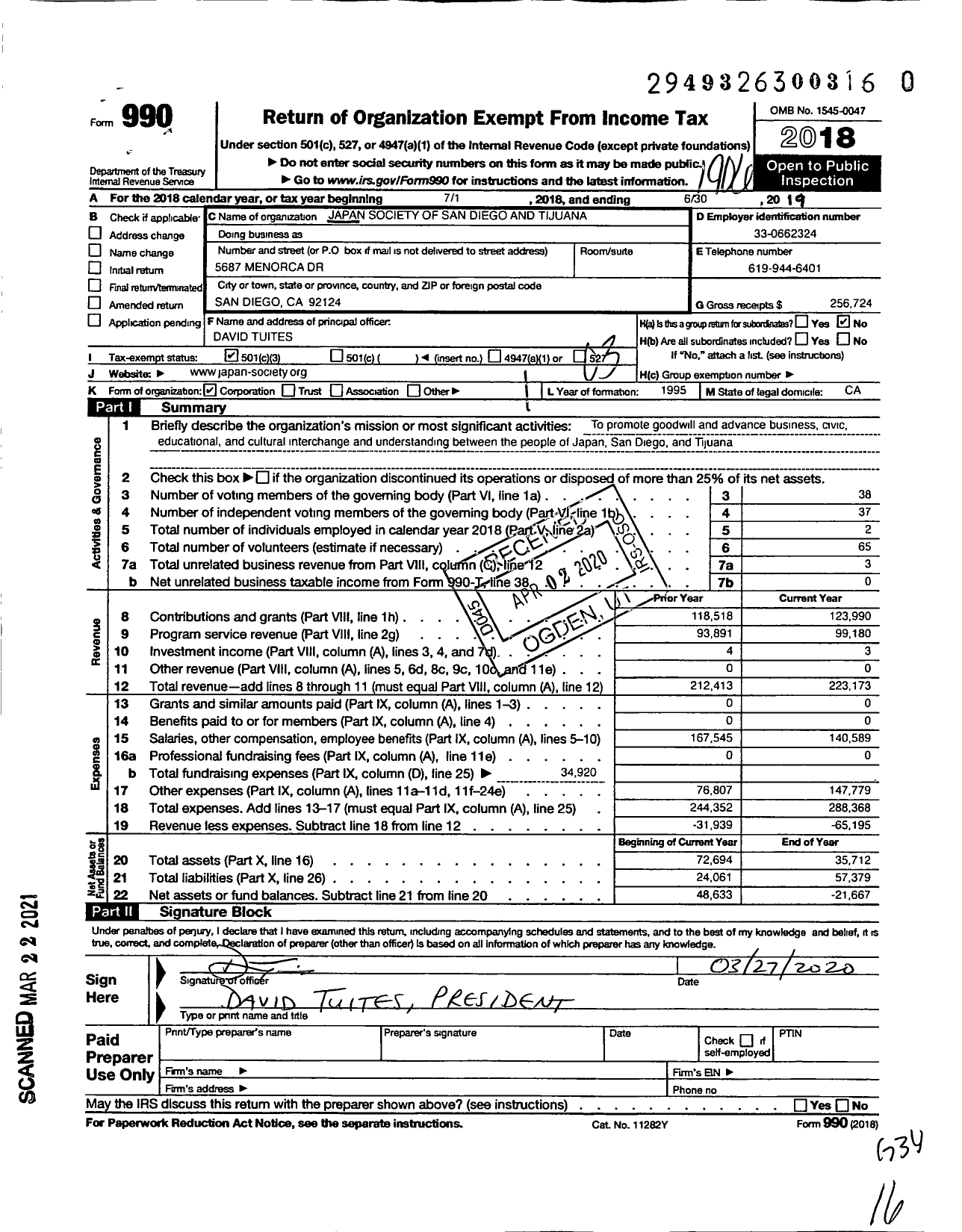 Image of first page of 2018 Form 990 for Japan Society of San Diego and Tijuana