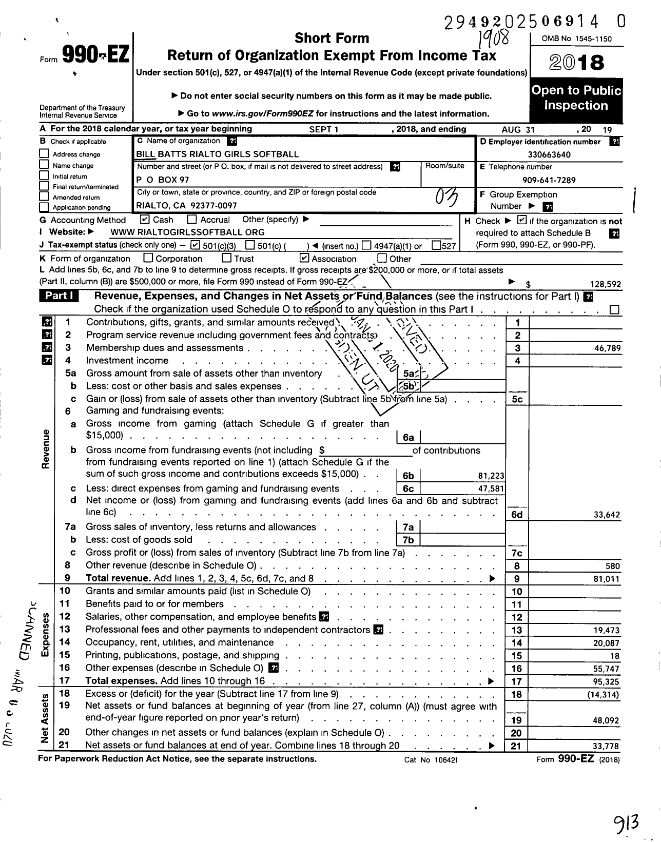 Image of first page of 2018 Form 990EZ for Bill Batts Rialto Girls Softball