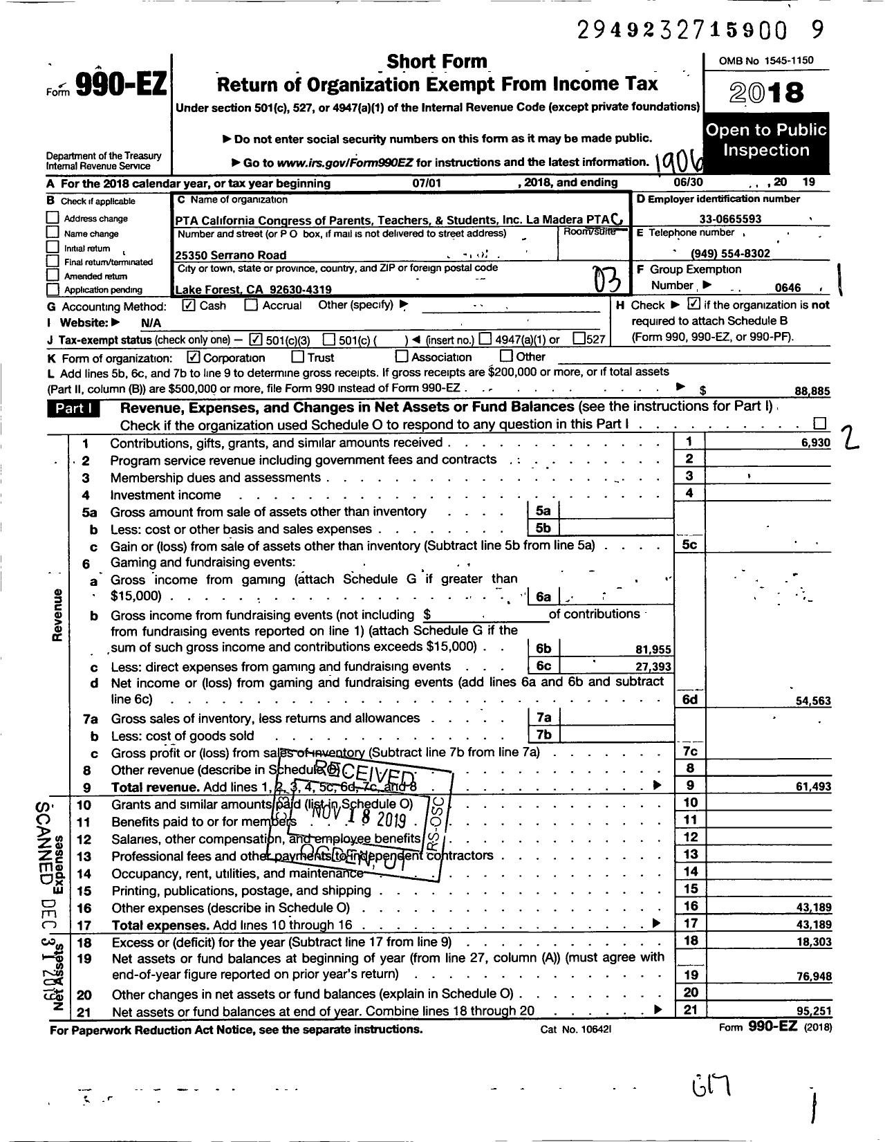 Image of first page of 2018 Form 990EZ for California State PTA - La Madera Elementary PTA