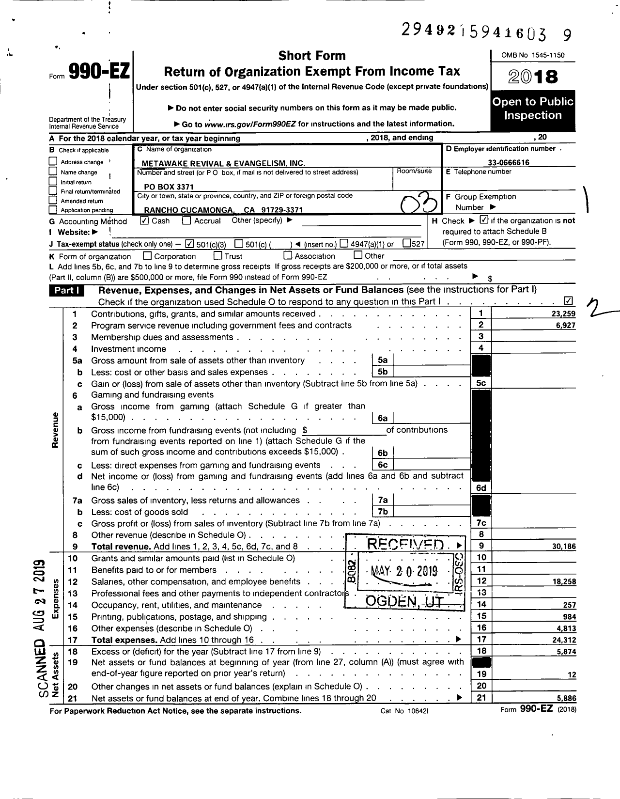 Image of first page of 2018 Form 990EZ for Metawake Revival and Evangelism