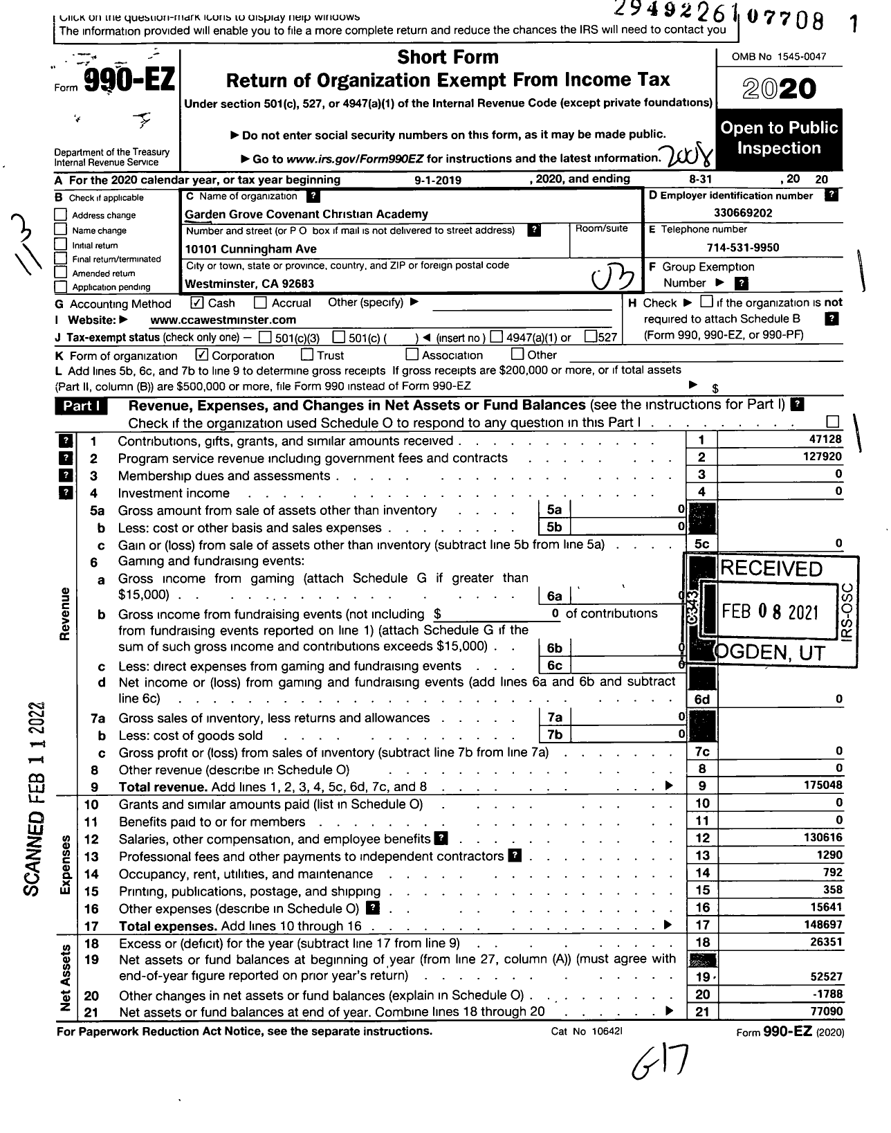 Image of first page of 2019 Form 990EZ for Garden Grove Covenant Christian Academy