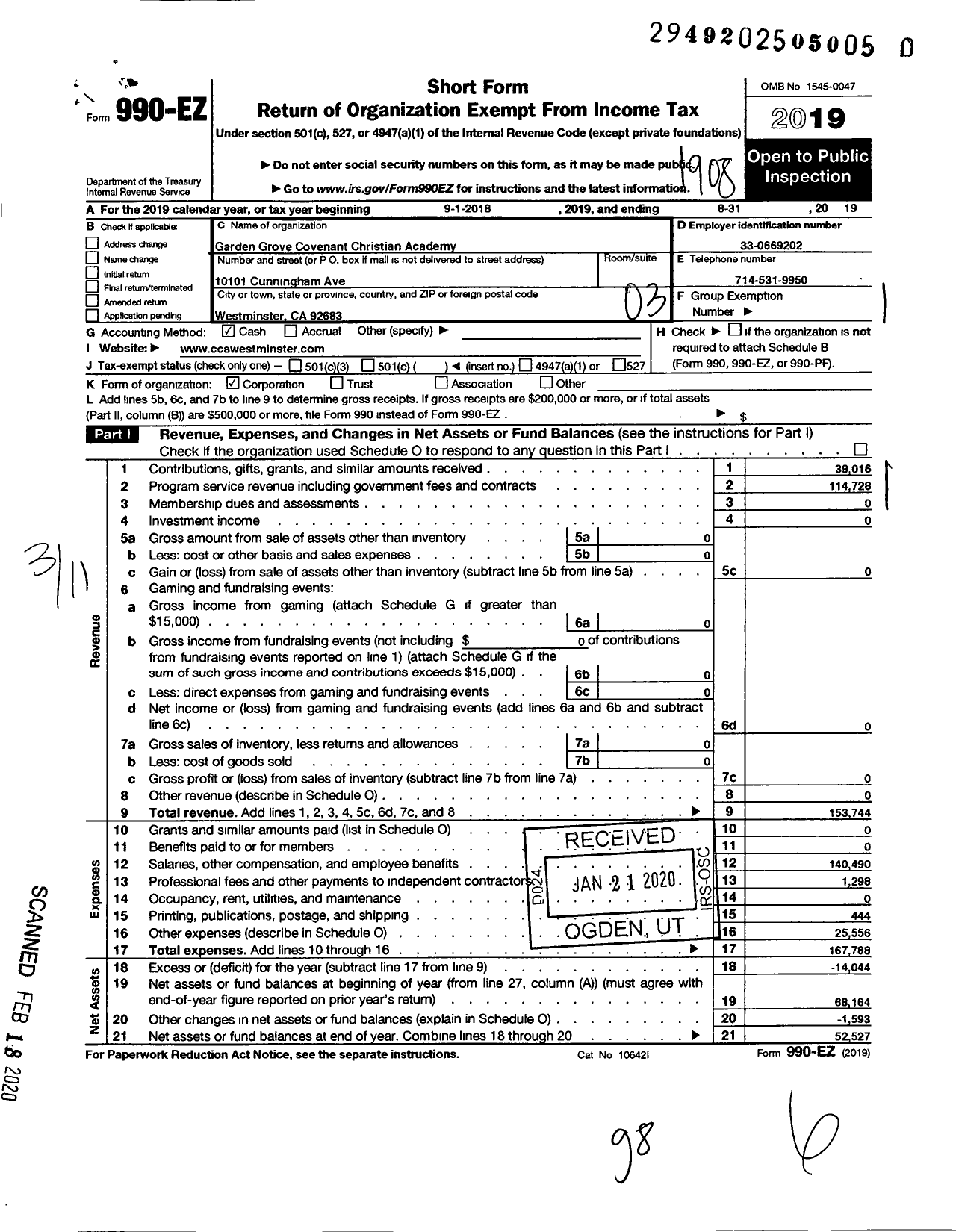 Image of first page of 2018 Form 990EZ for Garden Grove Covenant Christian Academy